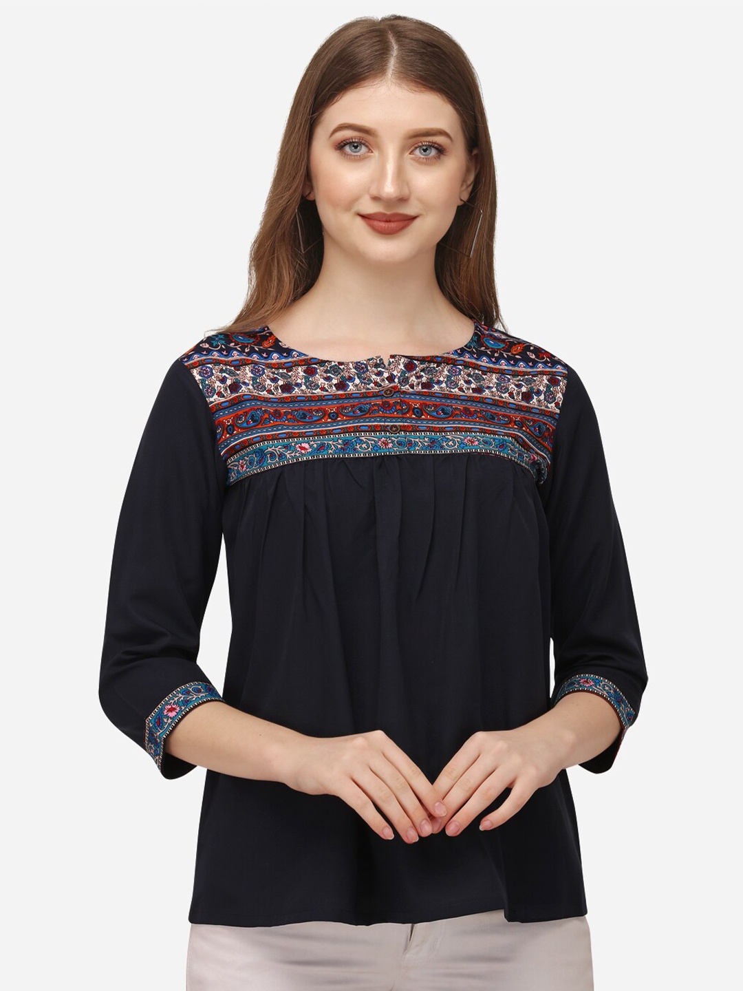 

Fbella Women Navy Print Crepe Top, Navy blue