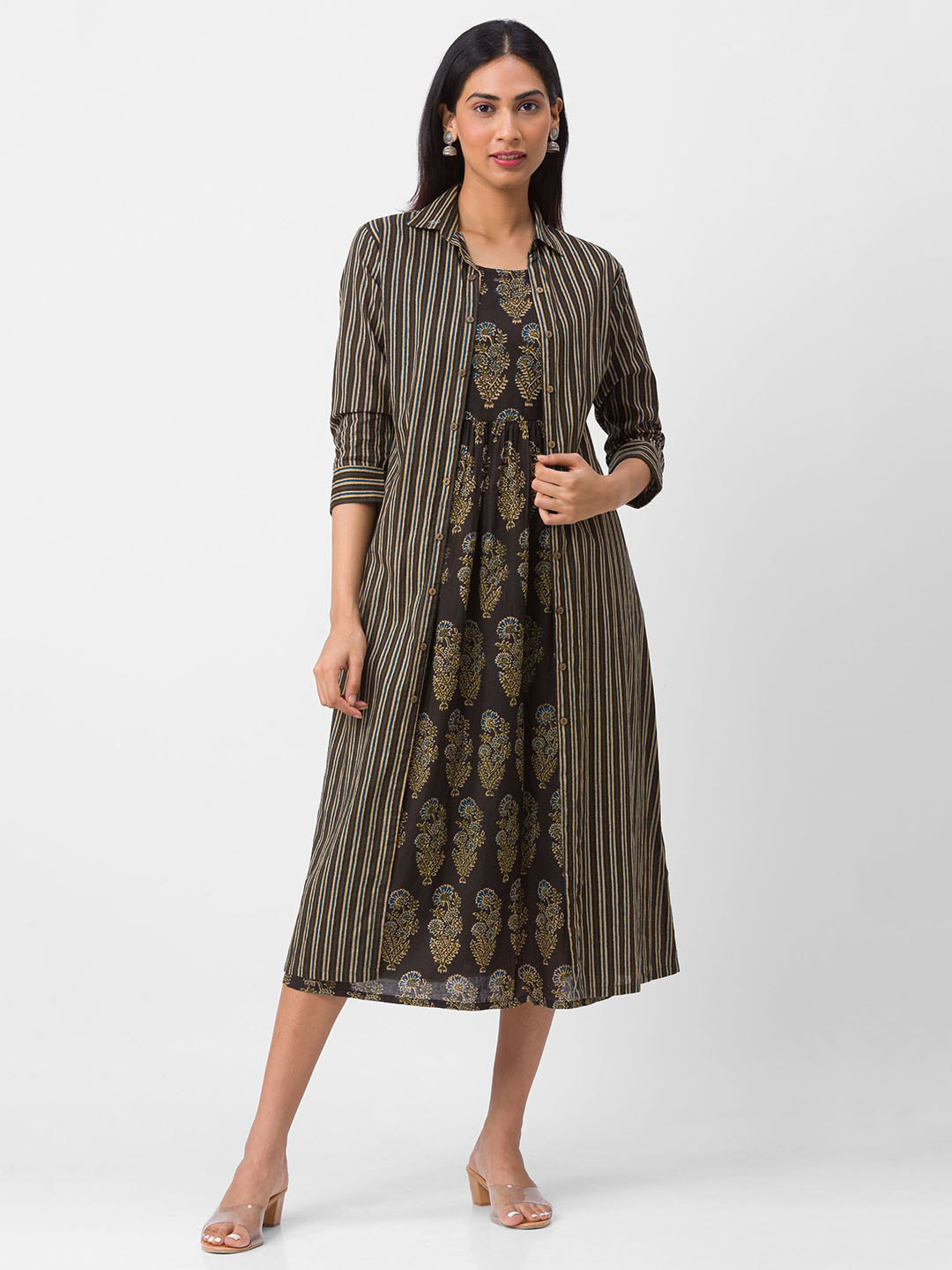 

Globus Coffee Brown Striped A-Line Midi Dress