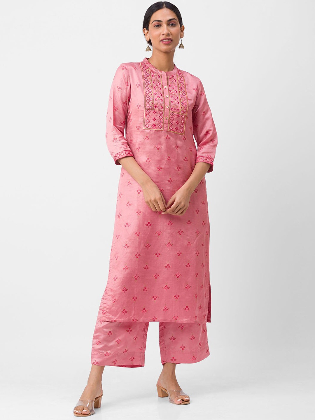 

Globus Women Pink Floral Printed Mirror Work Linen Kurta Set