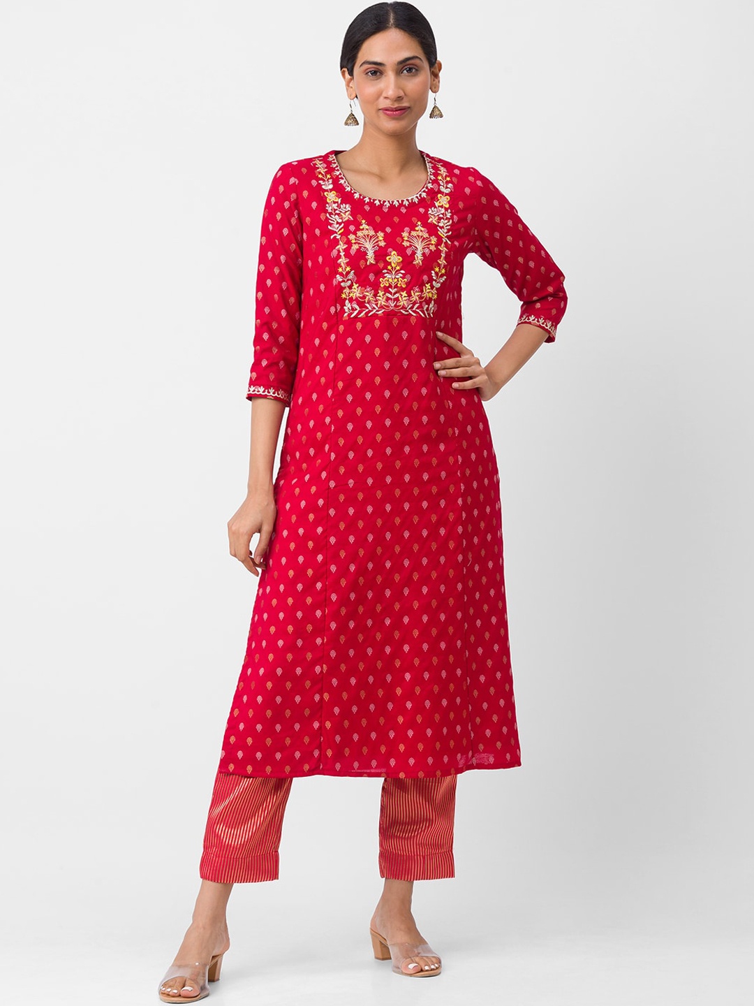 

Globus Women Red Ethnic Motifs Printed Chanderi Kurta with Trousers