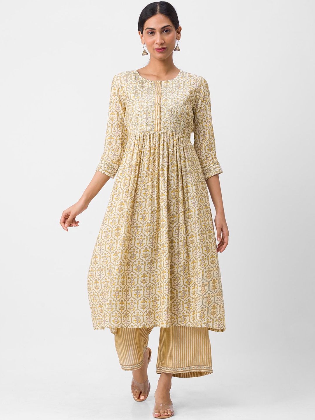 

Globus Women Cream & Brown Ethnic Motifs Printed Pleated Kurta with Palazzos