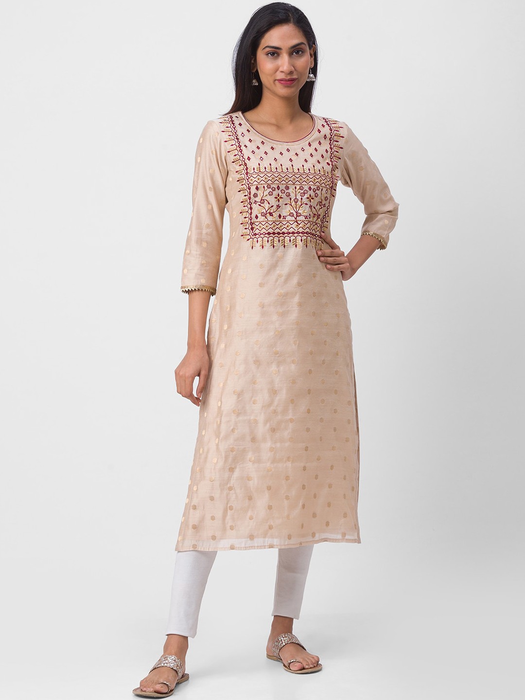 

Globus Women Beige Embroidered Woven Design Kurta