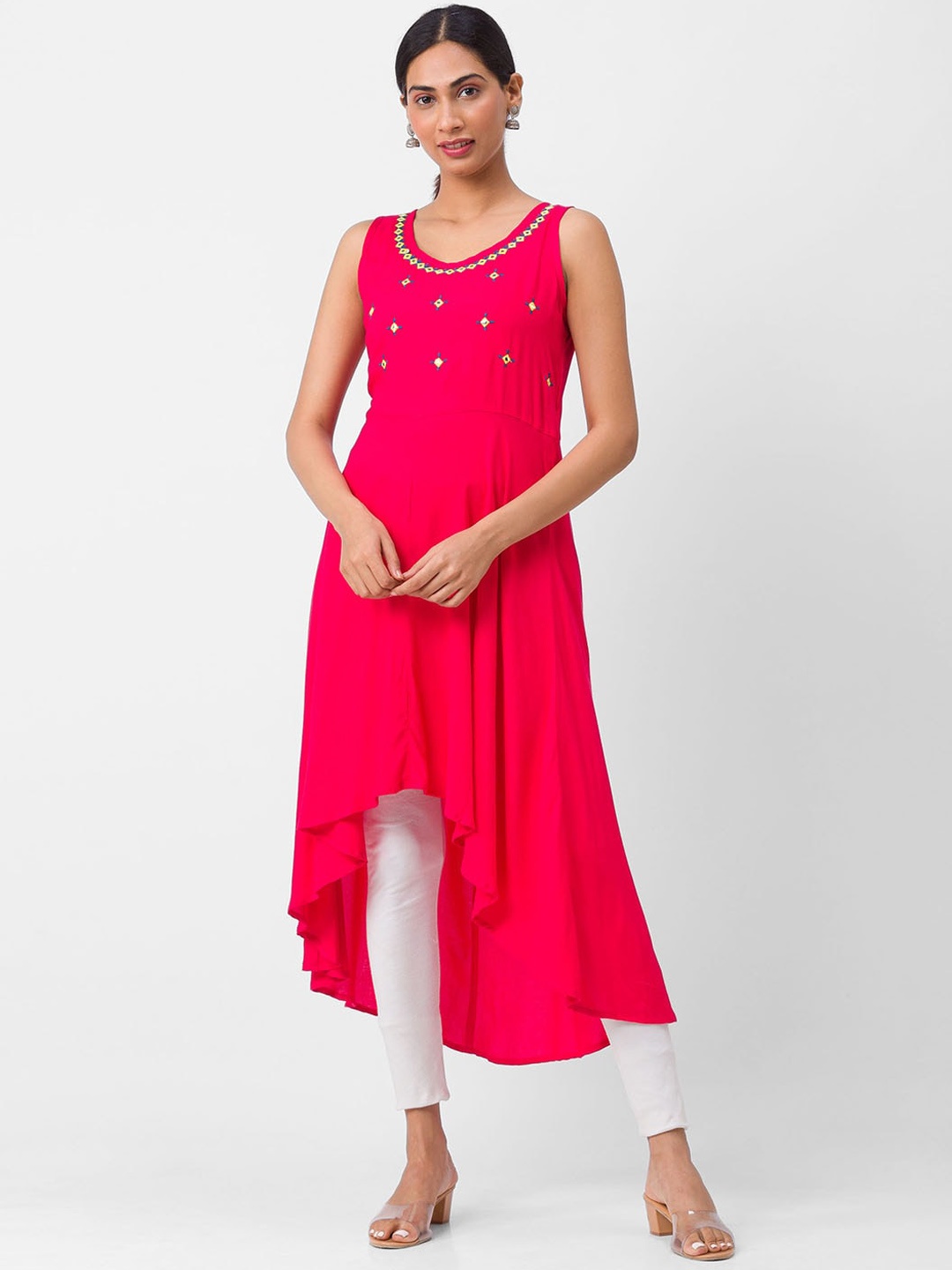 

Globus Women Fuchsia Yoke Design Mirror Work Anarkali Kurta