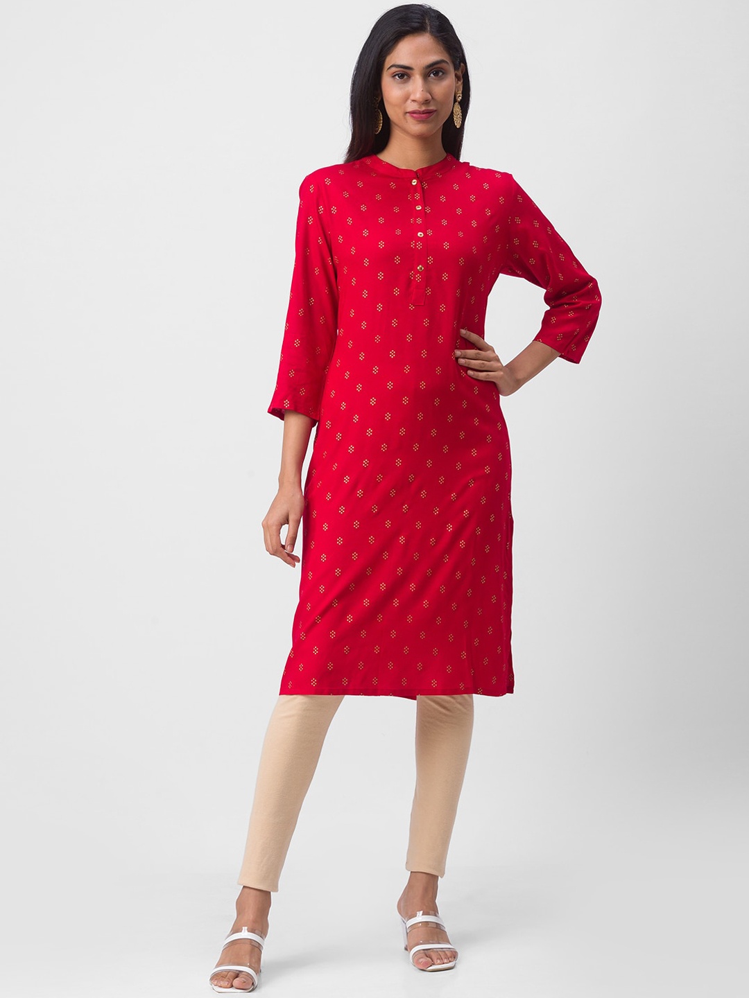 

Globus Women Red Three quarter Sleeves Polka Dots Kurta