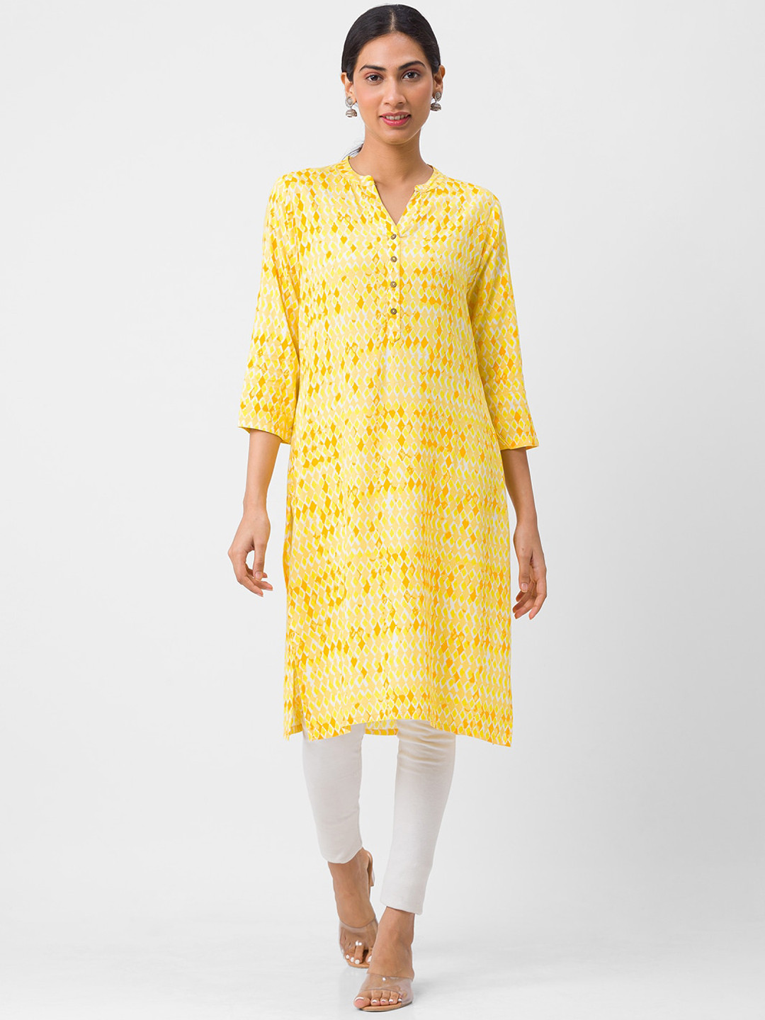 

Globus Women Yellow Abstract Printed Thread Work Kurta