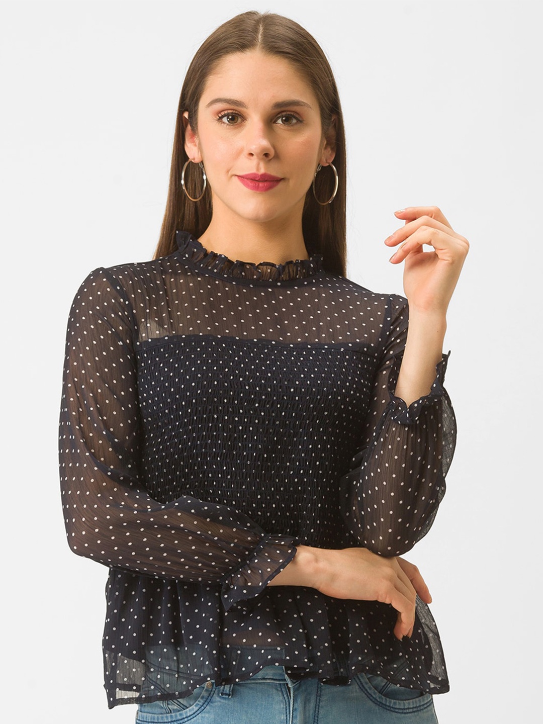 

Globus Navy Blue Polka Dot Print Chiffon Top