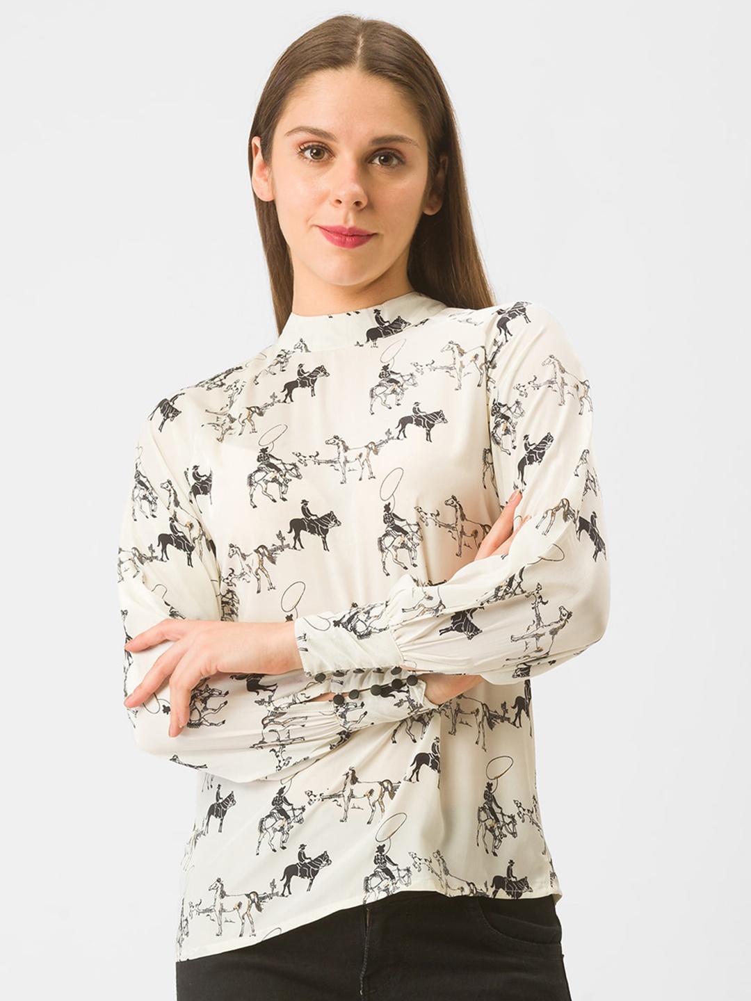 

Globus Women White Animal Print Choker Neck Top