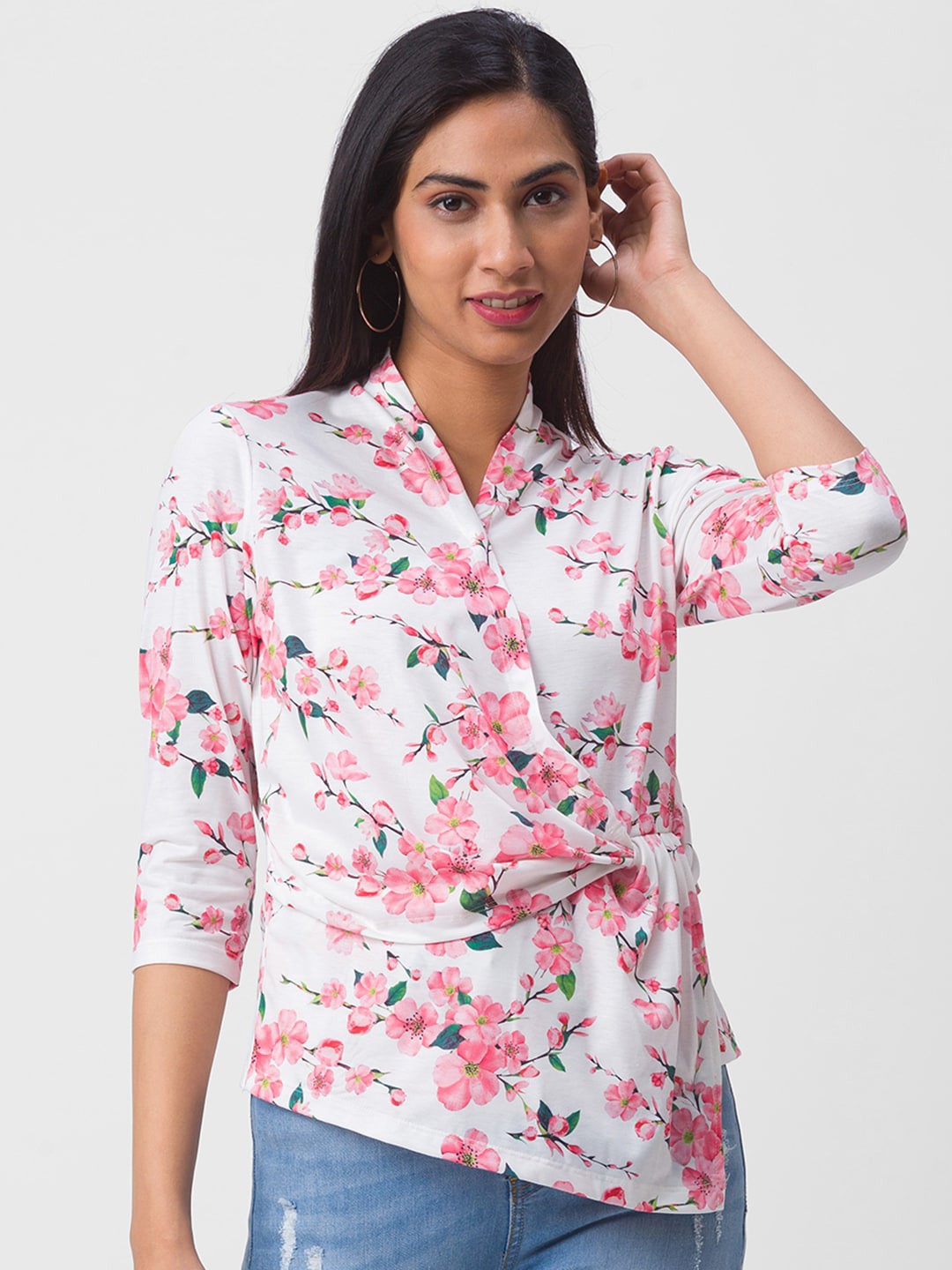 

Globus White Floral Print Twisted Wrap Top