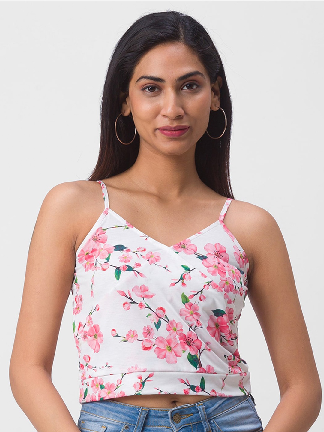 

Globus White Floral Print Shoulder strap Crop Top