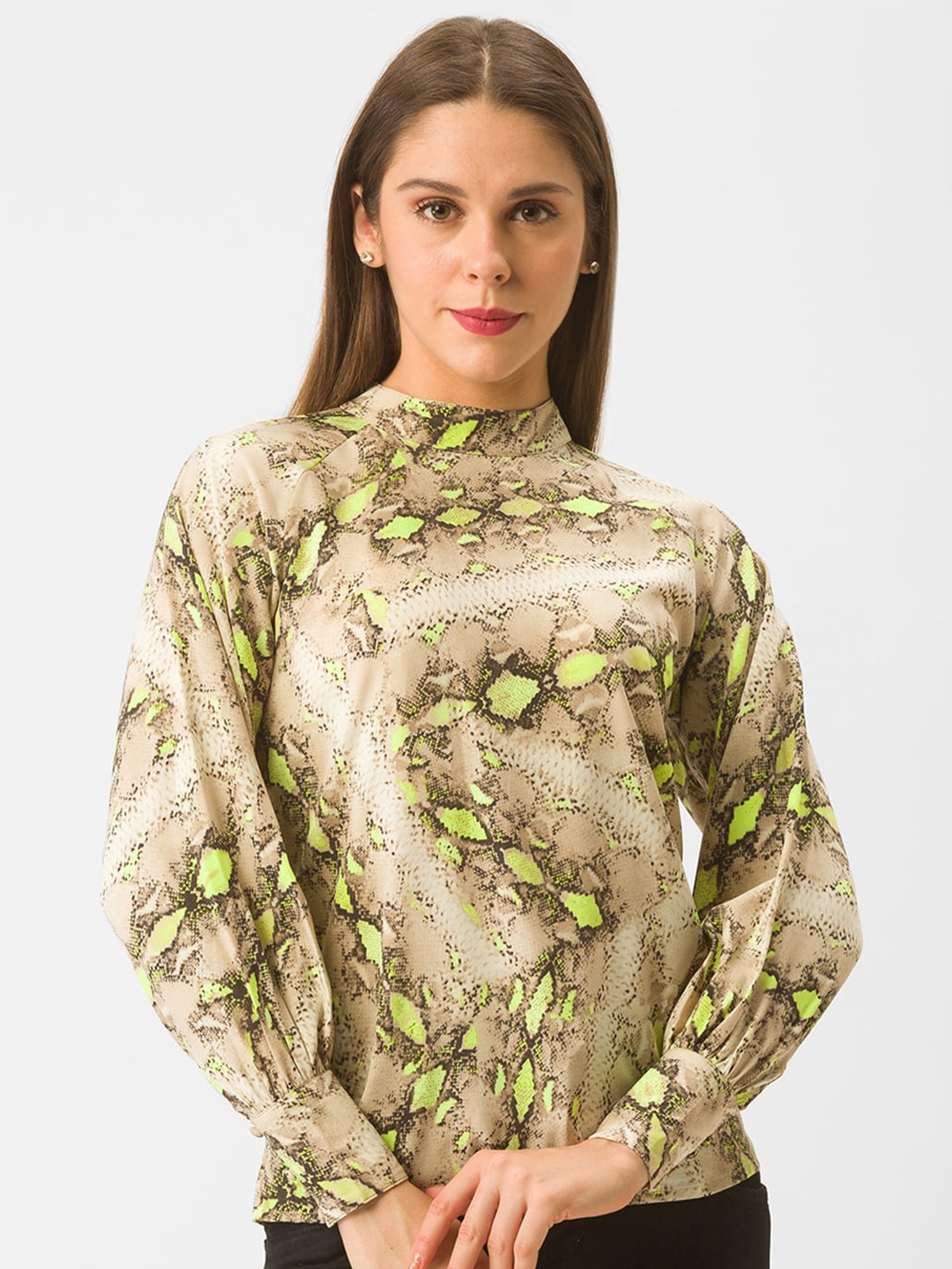

Globus Women Beige Floral Print Choker Neck Top