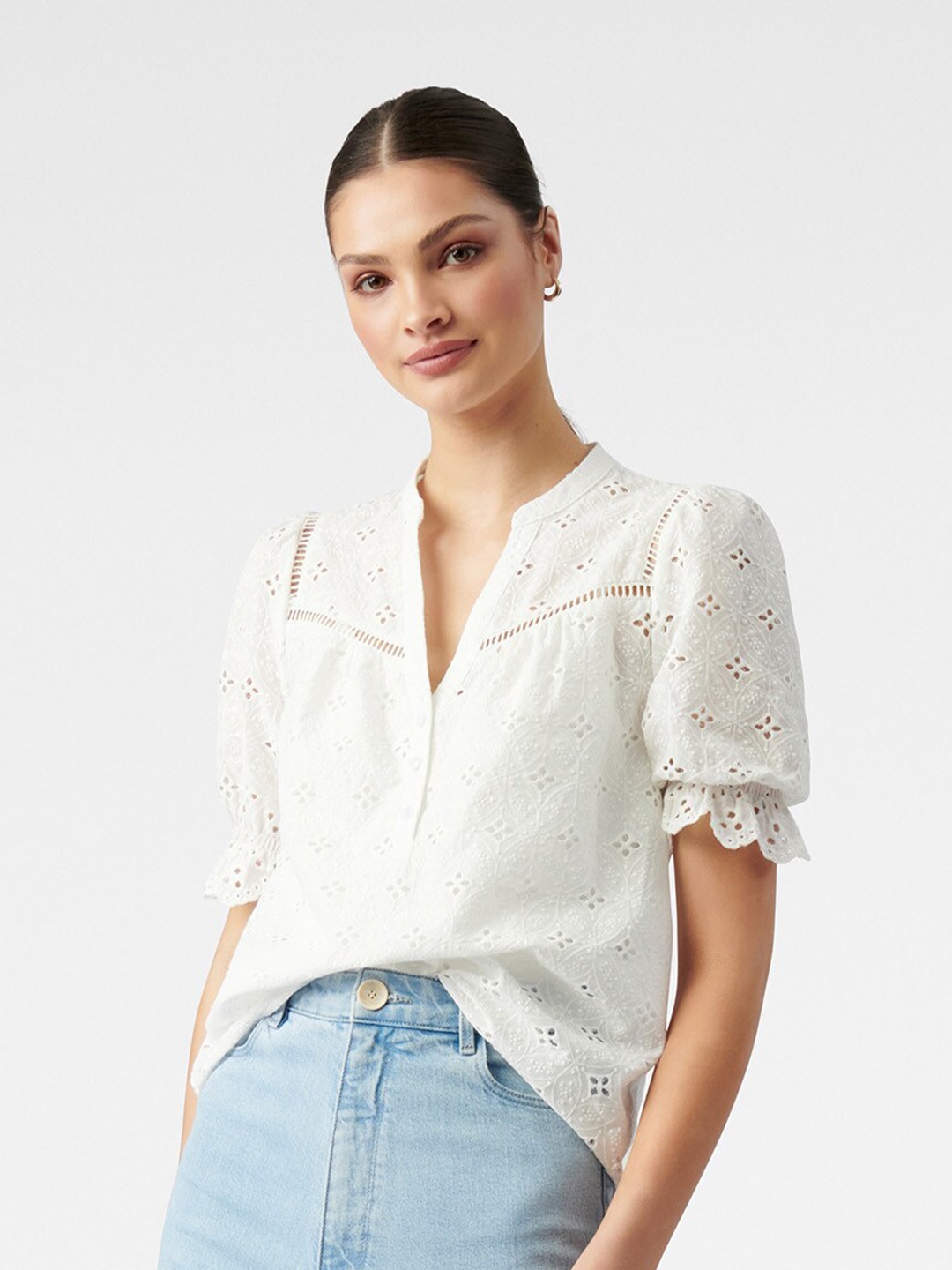 

Forever New White Mandarin Collar Self Design Top