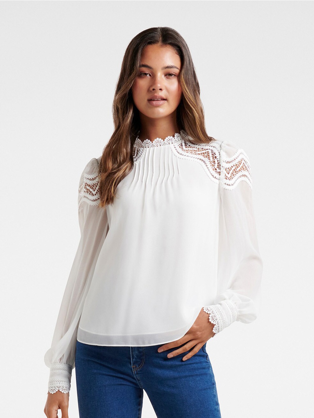 

Forever New White Laced Full Sleeves High Neck Top