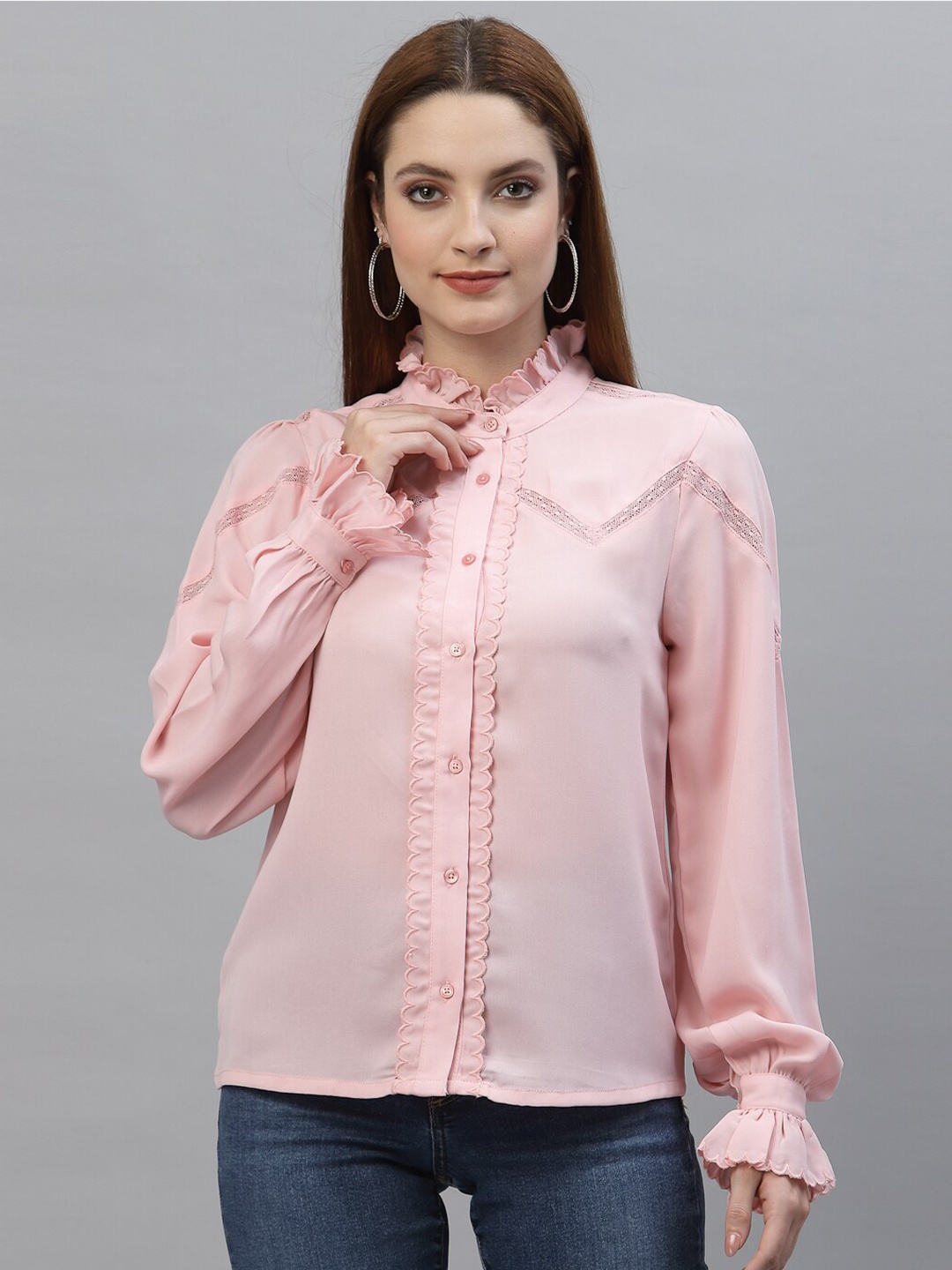 

HOUSE OF KKARMA Women Pink Solid Laced Casual Shirt