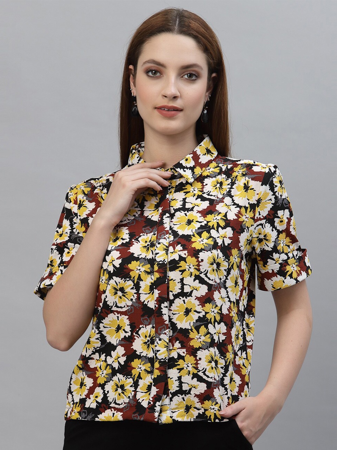 

HOUSE OF KKARMA Women Maroon Floral Printed Casual Shirt