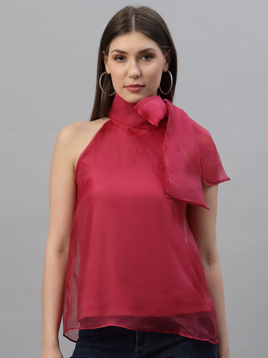 

HOUSE OF KKARMA Pink Net Tie-Up Neck Top