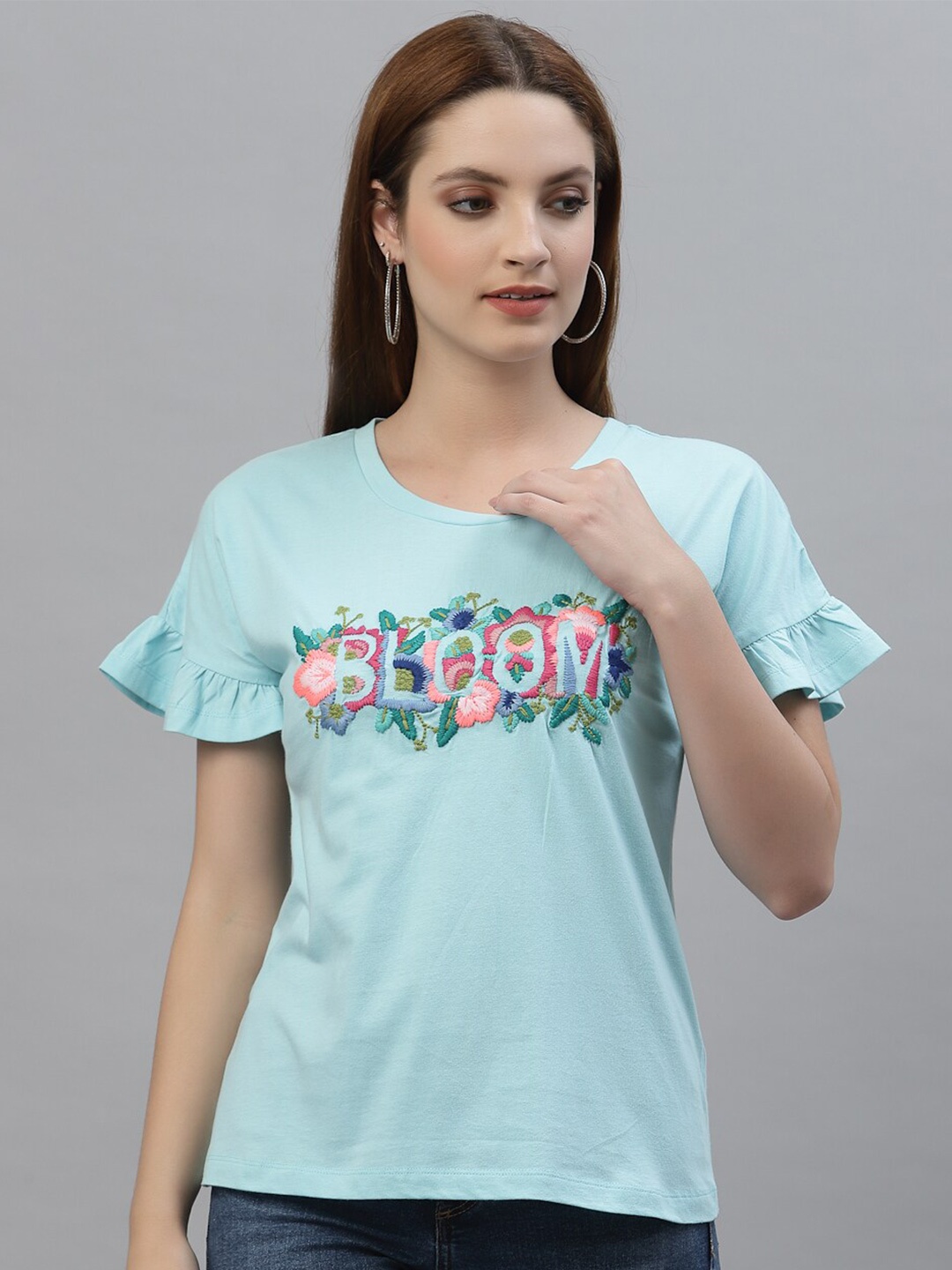 

HOUSE OF KKARMA Women Blue Striped T-shirt