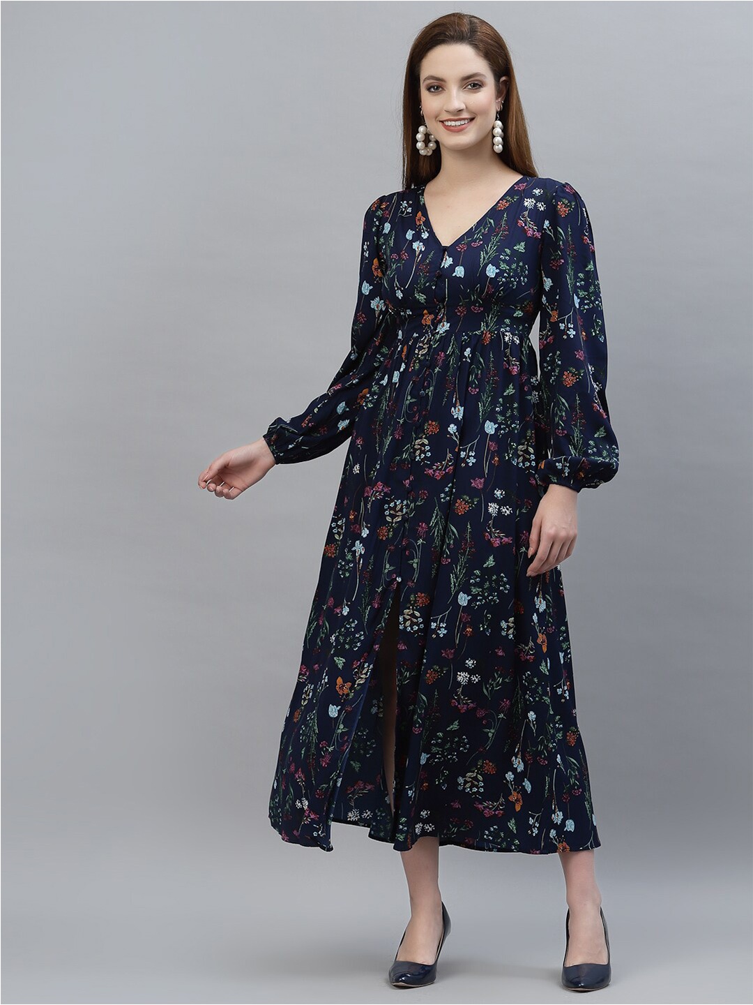 

HOUSE OF KKARMA Blue Floral Printed Fit and Flare Dress