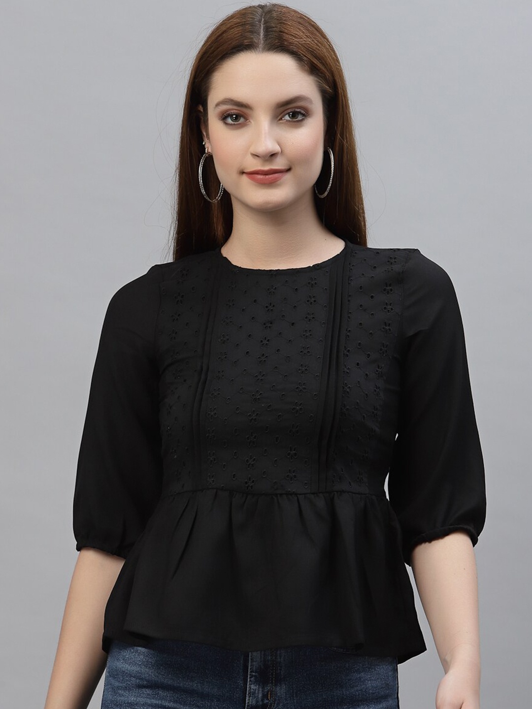 

HOUSE OF KKARMA Women Black Peplum Schiffli A-Line Top