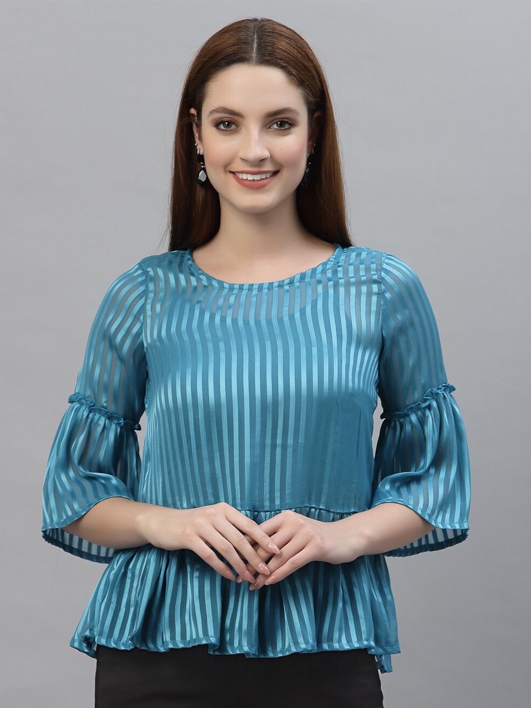 

HOUSE OF KKARMA Blue Striped Round Neck Top