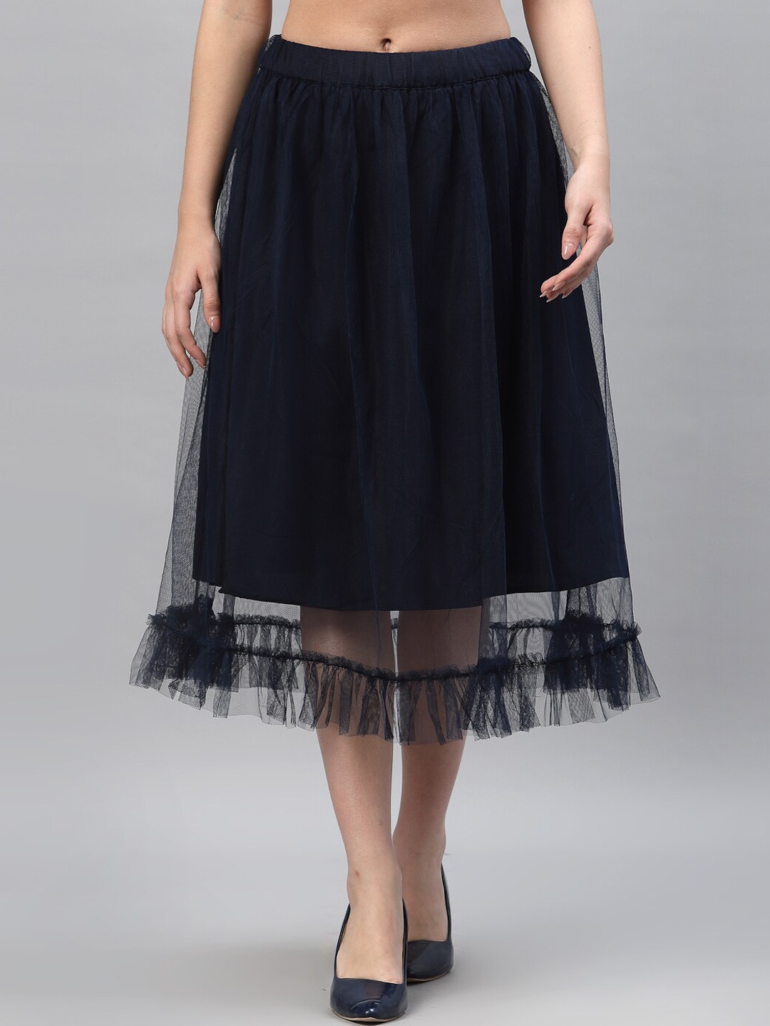 

HOUSE OF KKARMA Women Navy Blue Self Design Layered Ruffled Hem Flared Skirt