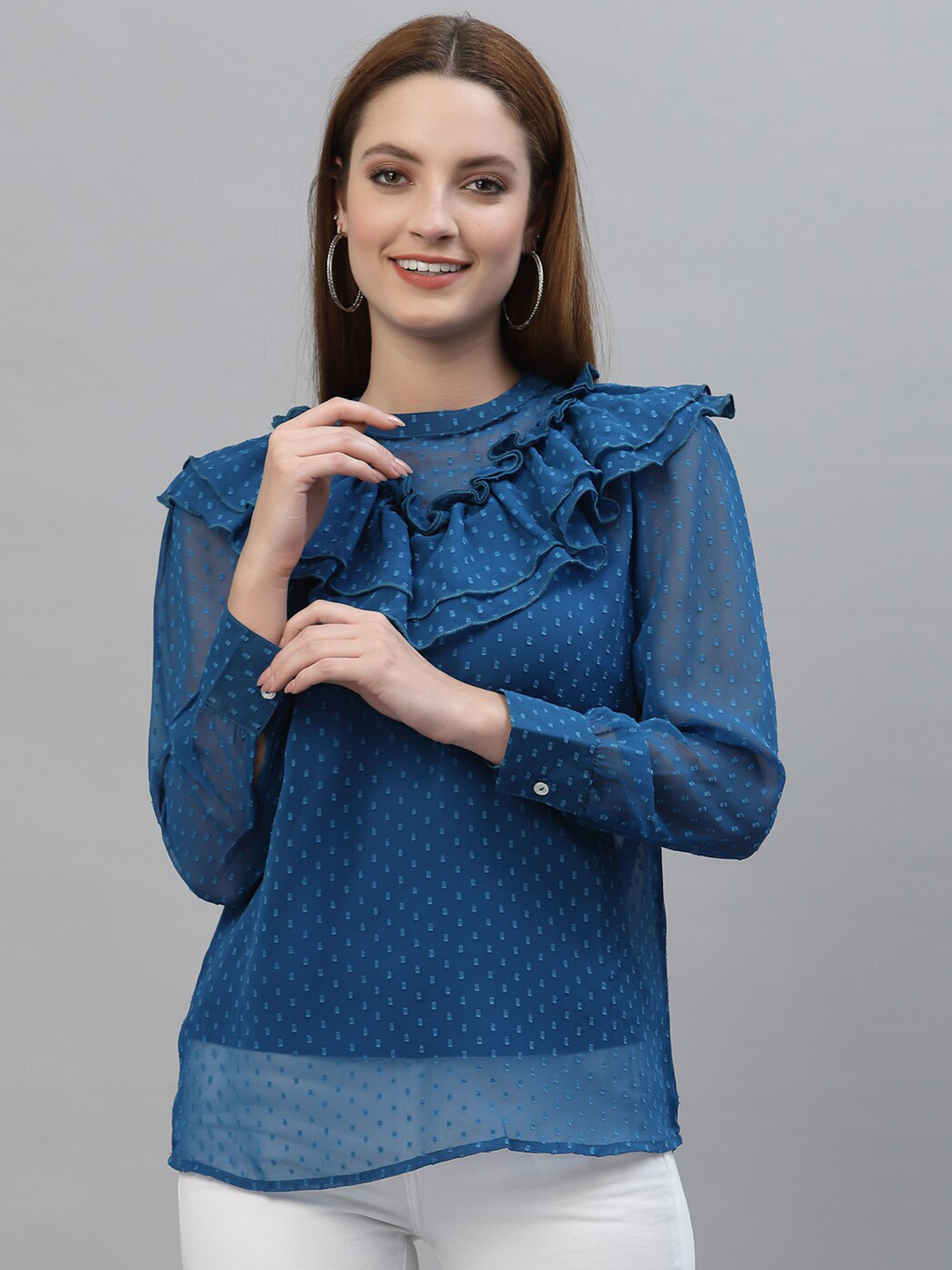 

HOUSE OF KKARMA Blue Print Tie-Up Neck Top