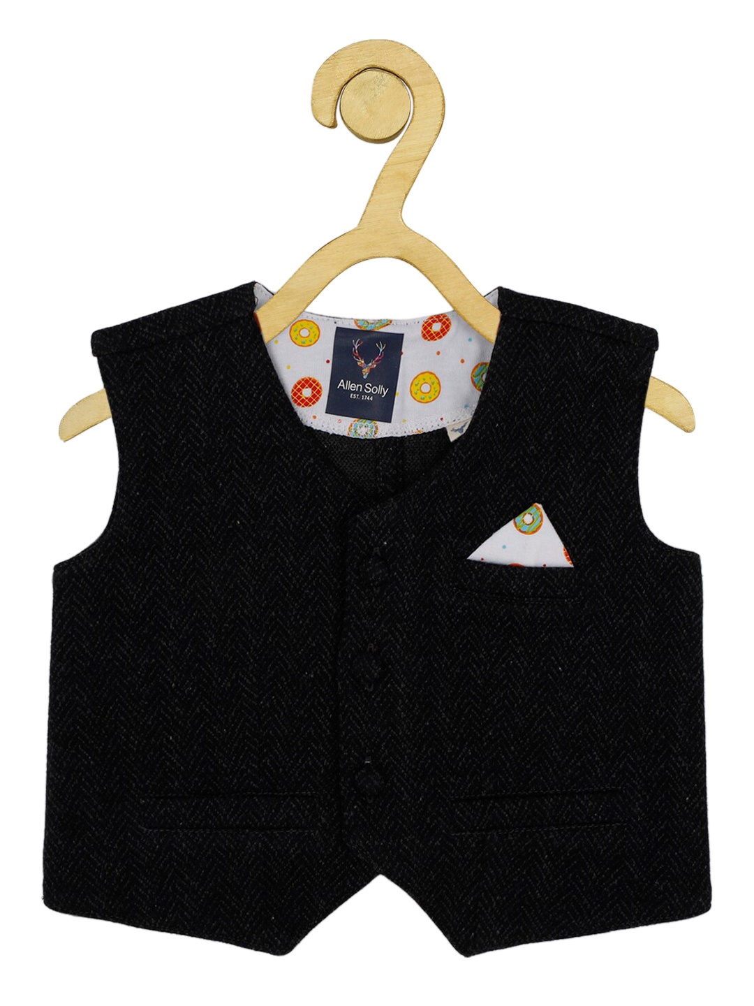 

Allen Solly Junior Infant Boys Black Woven Design Pure Cotton Waistcoat