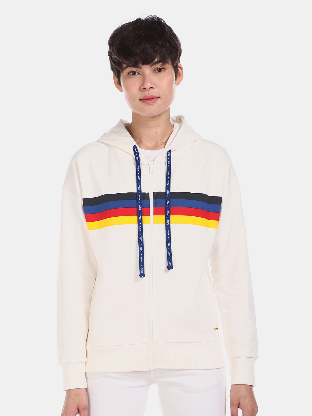 

U S Polo Assn Women White Striped Hood Sweatshirt