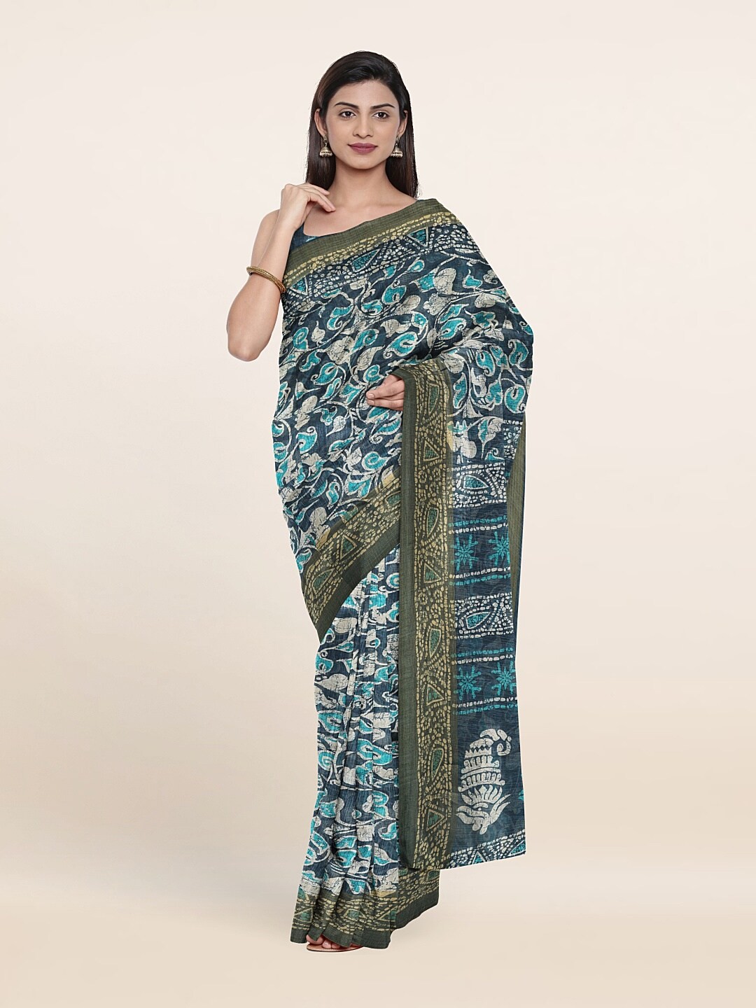 

Pothys Teal Blue & Off-White Batik Printed Saree