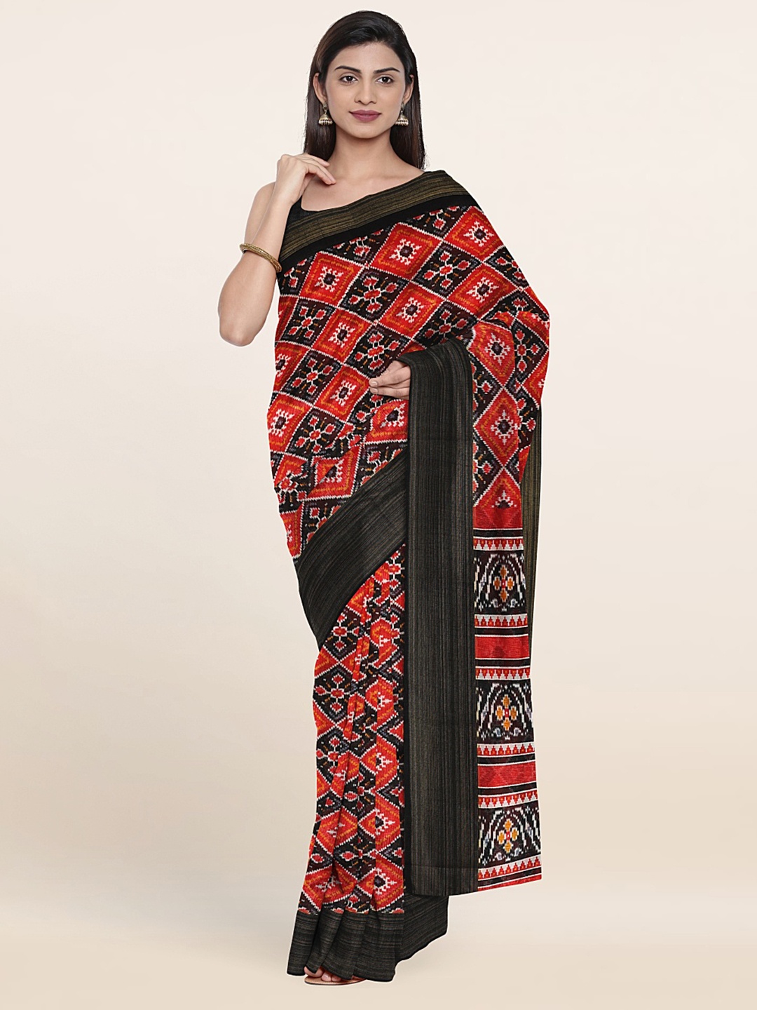 

Pothys Red & Black Cotton Blend Zari Saree