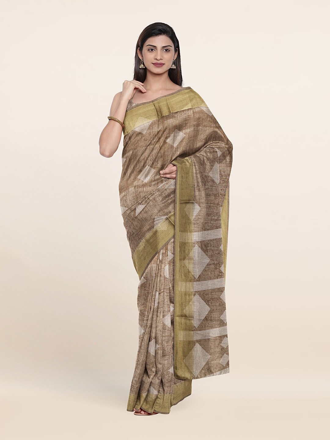 

Pothys Tan & White Printed Zari Saree