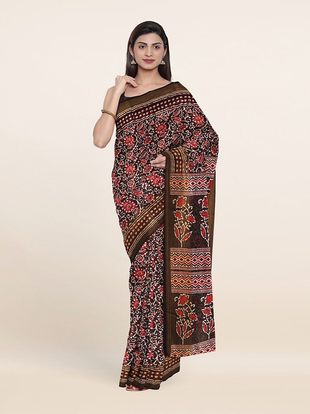 

Pothys Brown & Red Floral Printed Cotton Blend Saree