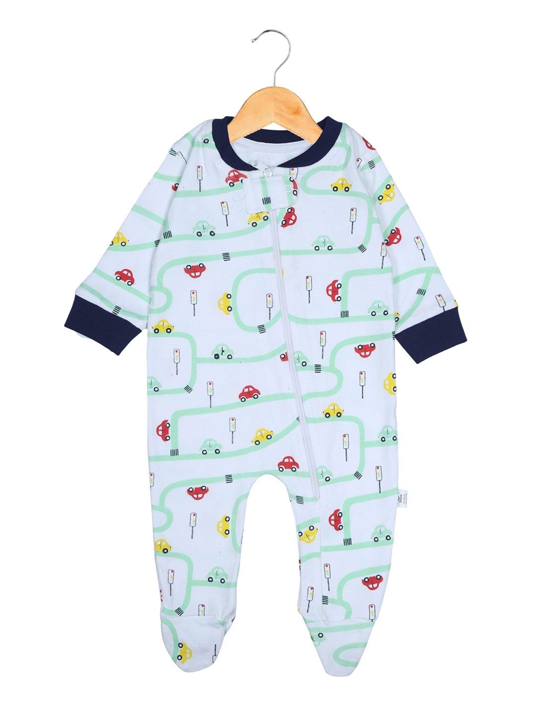

The Mom Store White Printed Baby Zipper Romper