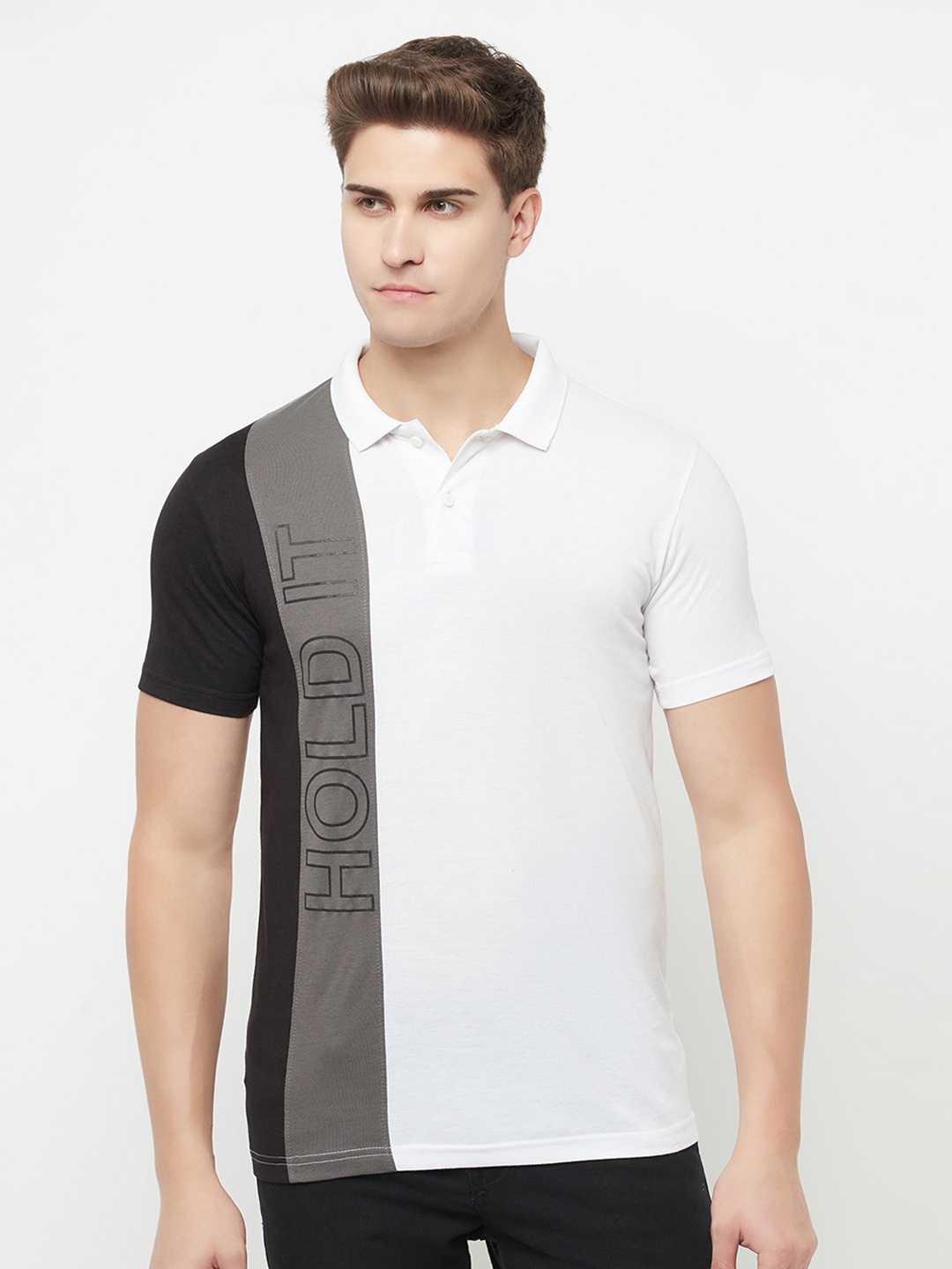

HOLDIT Men Multicoloured Typography Polo Collar Applique T-shirt, Multi