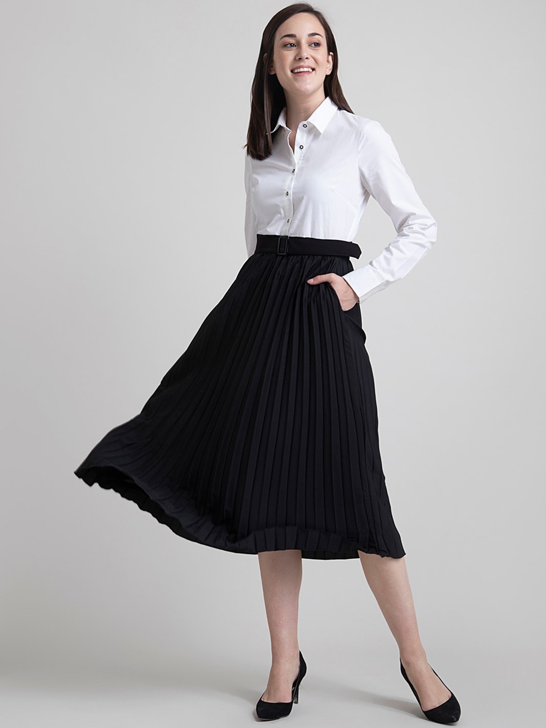 

FableStreet Black Striped Formal Shirt Midi Dress