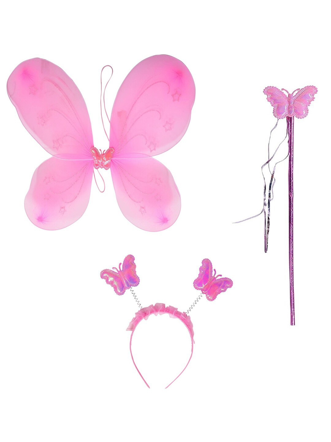 

Kidling Pink Net Dress With Wings, Butterfly Hairband, Magic Stick, Scarf