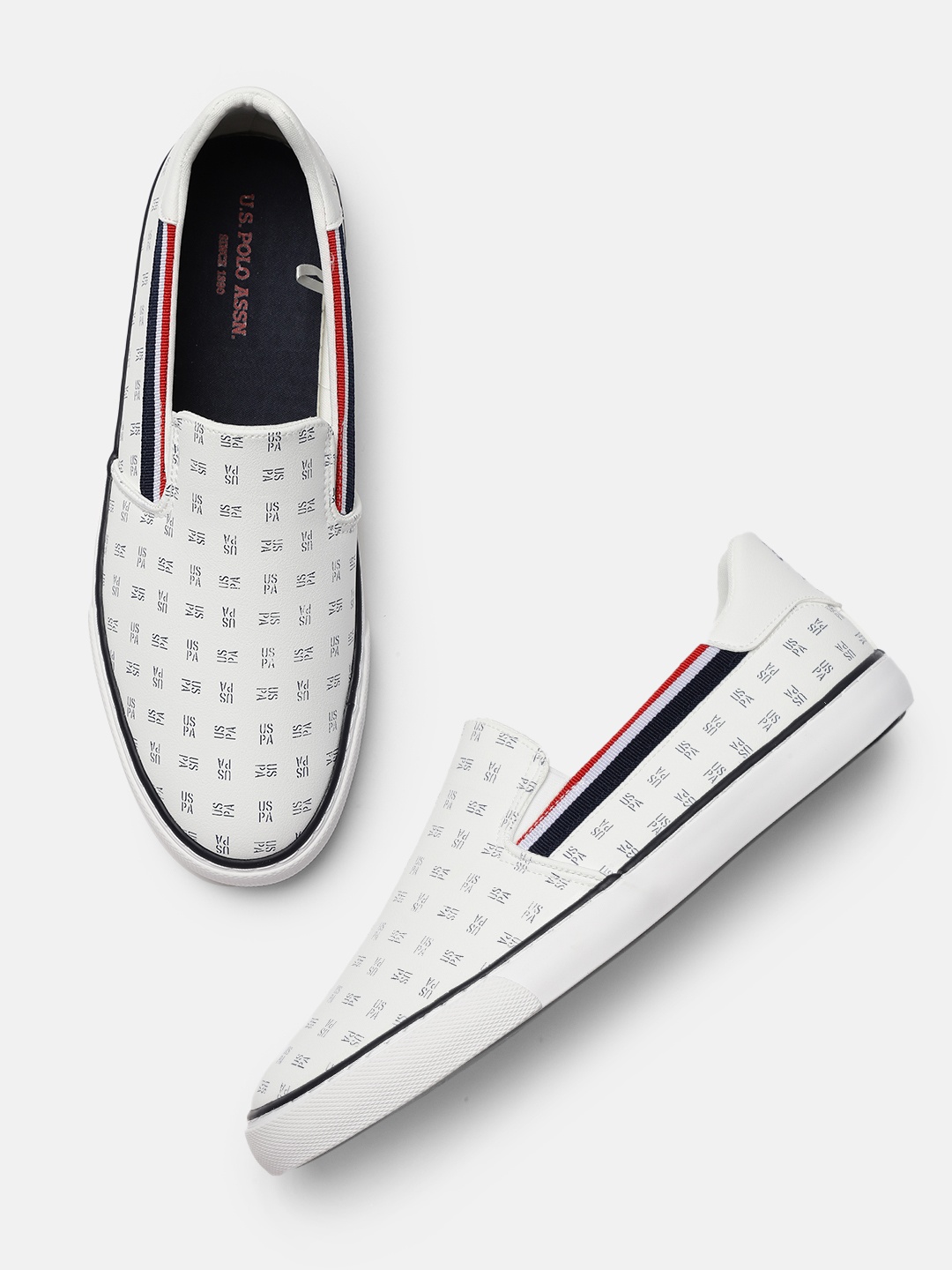 

U.S. Polo Assn. Men Off-White Brand Logo Printed Slip-On Sneakers