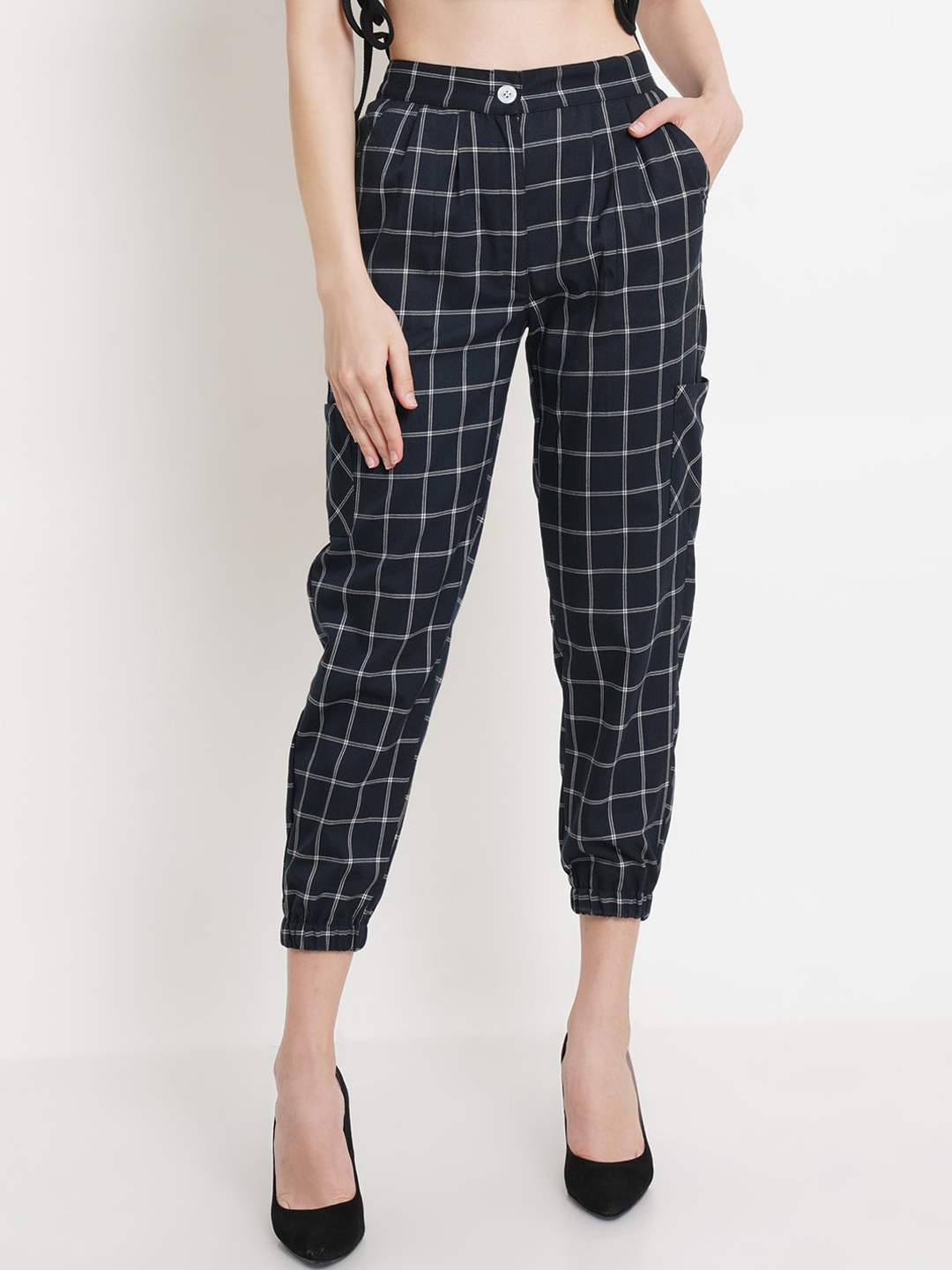 

Purple State Women Navy Blue Checked Comfort Trousers