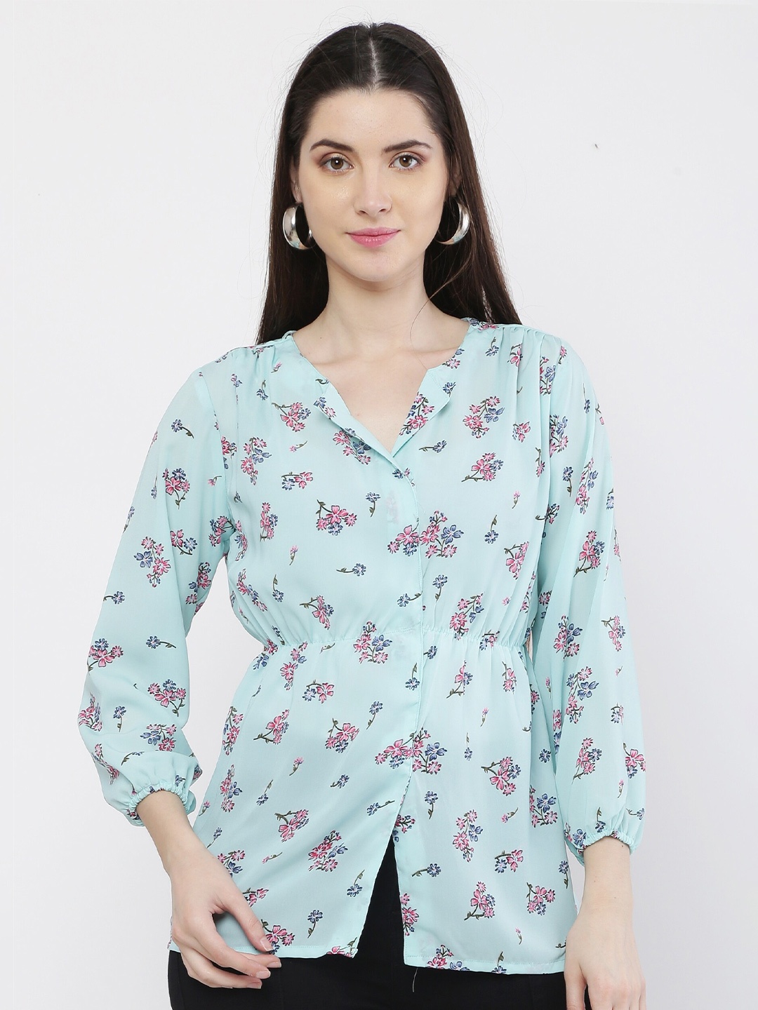 

VAIRAGEE Blue Floral Print Mandarin Collar Georgette Top