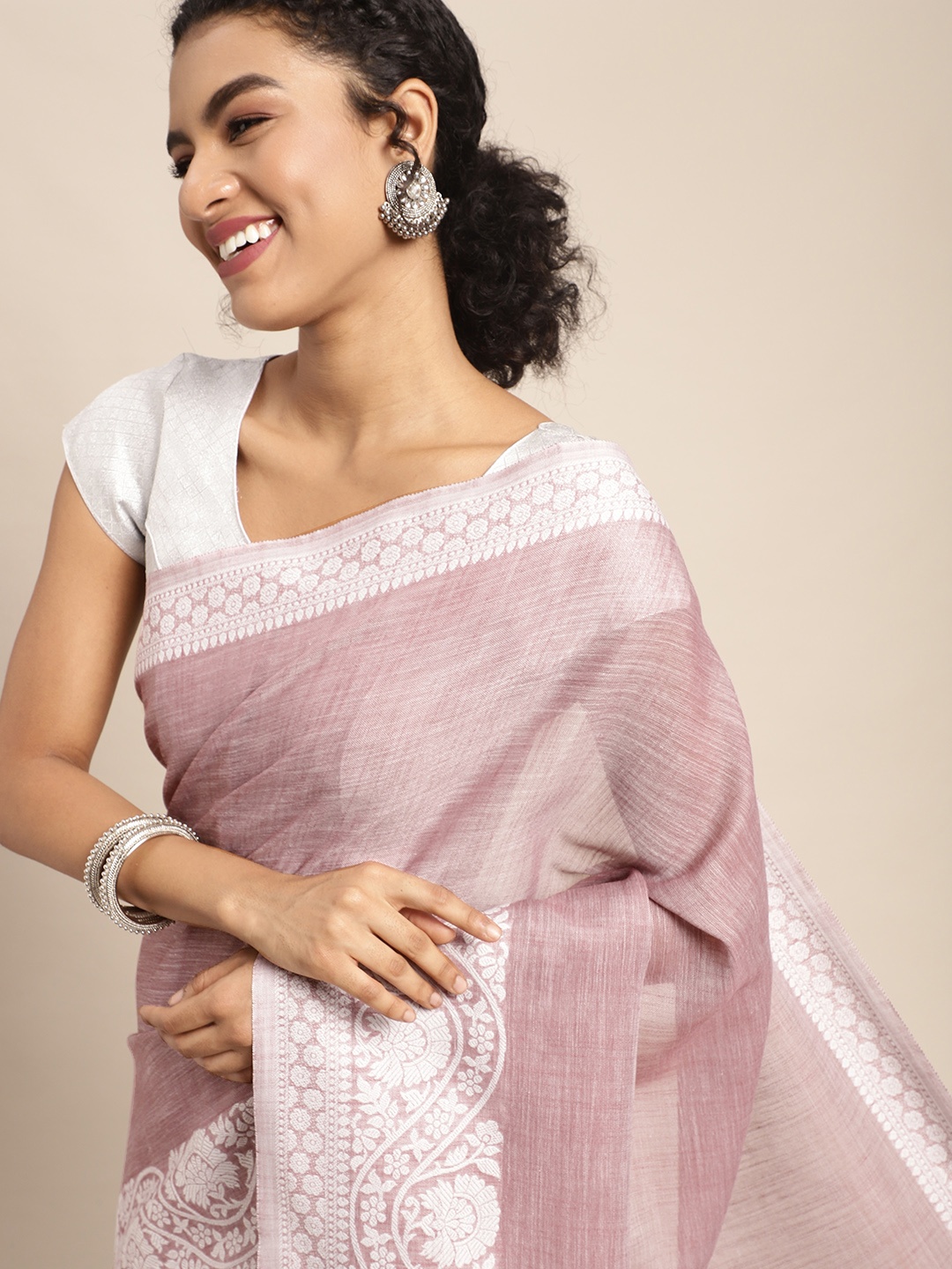 

Mitera Pink & White Ethnic Motifs Woven Design Pure Linen Saree