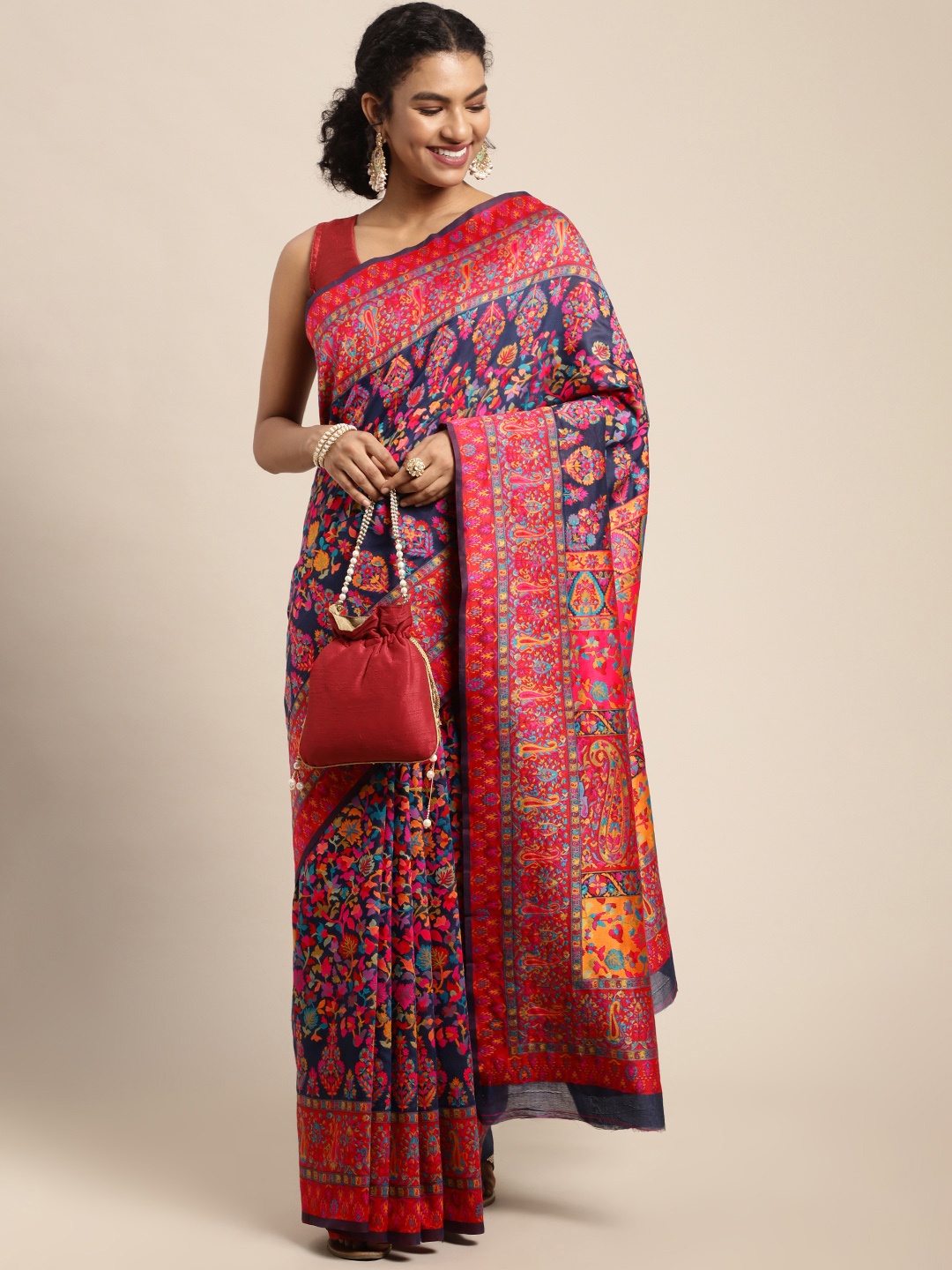 

Mitera Navy Blue & Red Ethnic Motifs Woven Design Saree
