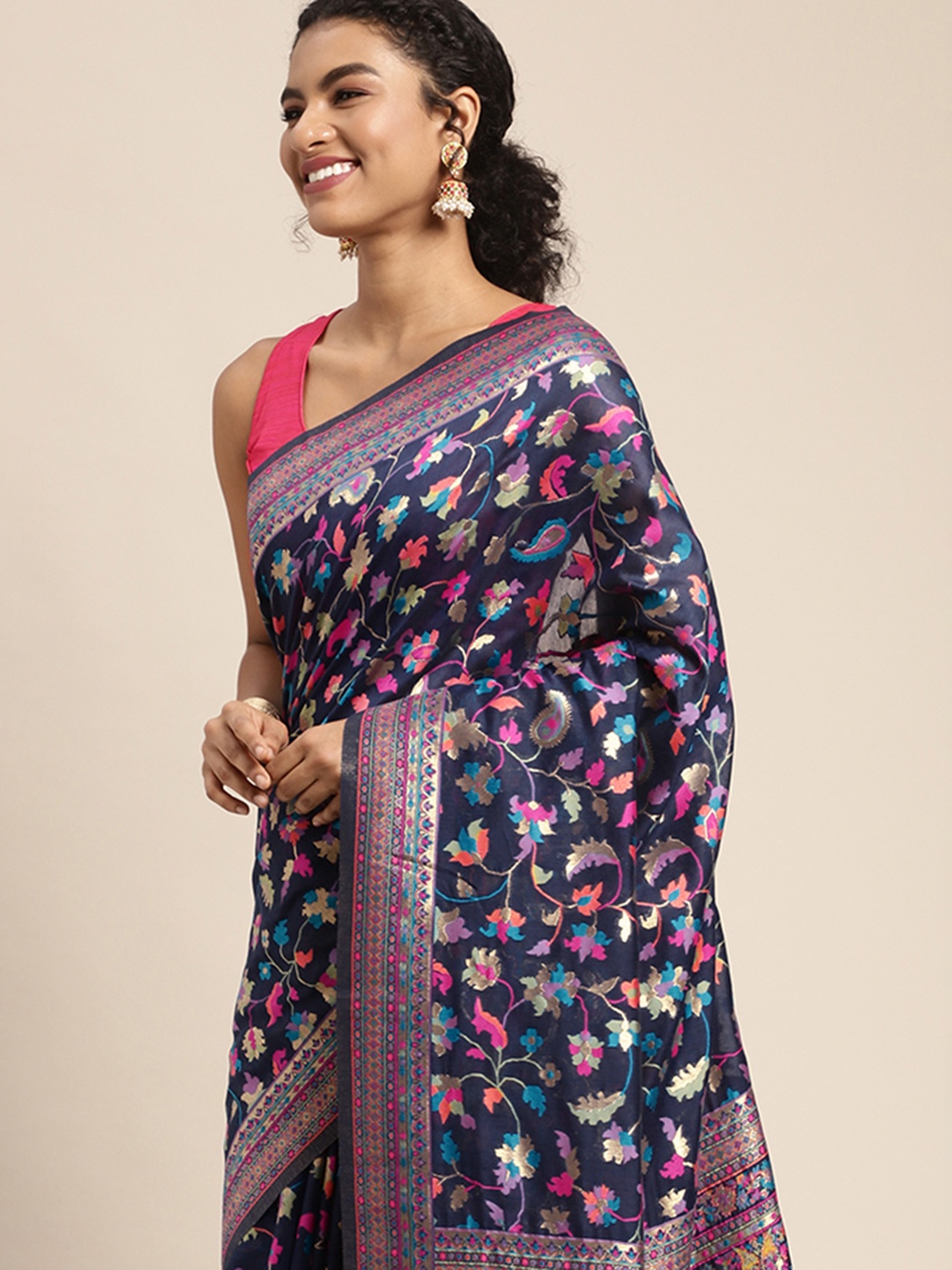 

Mitera Navy Blue & Pink Ethnic Motifs Woven Design Saree