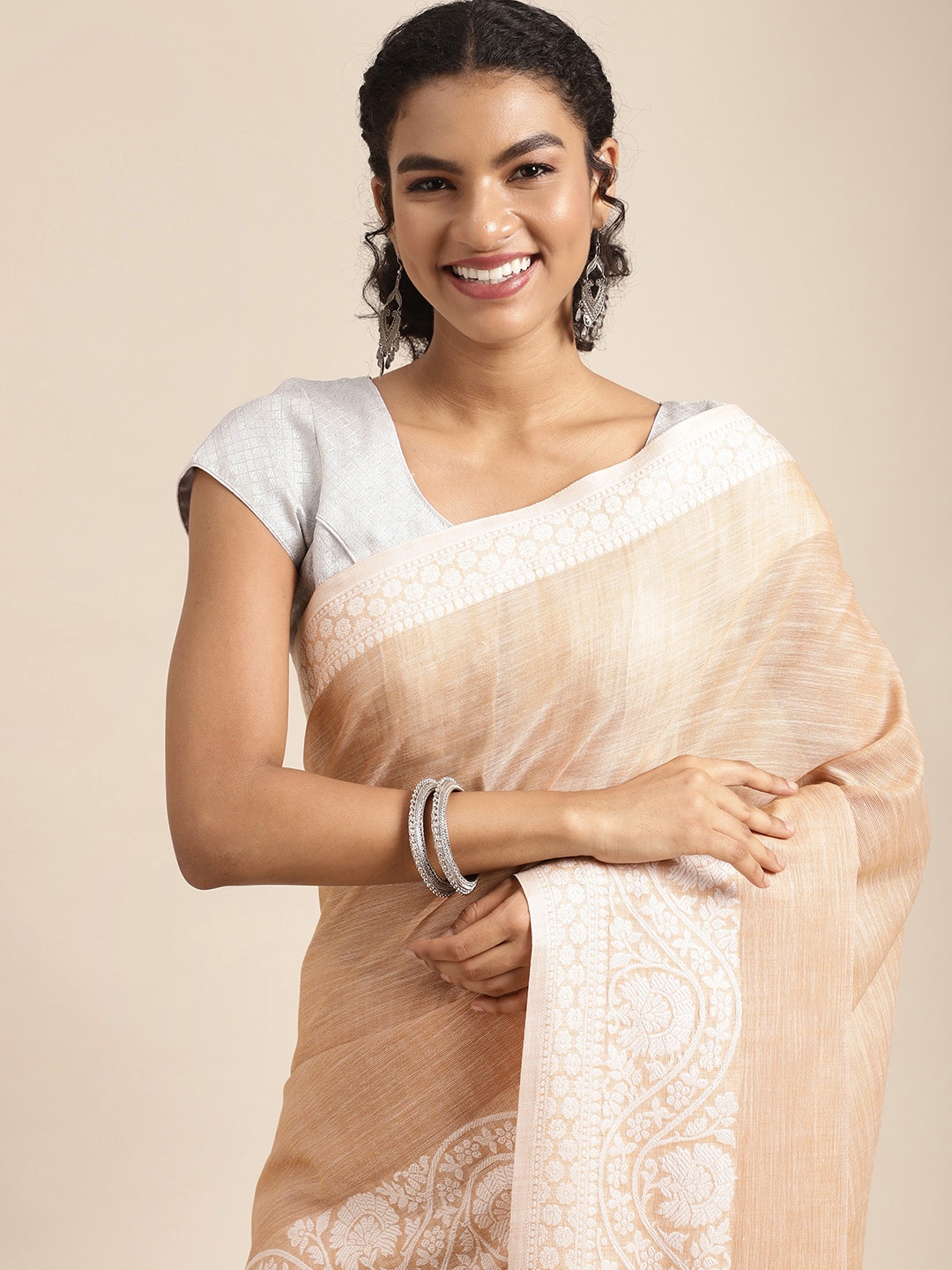 

Mitera Orange & White Ethnic Motifs Woven Design Pure Linen Saree