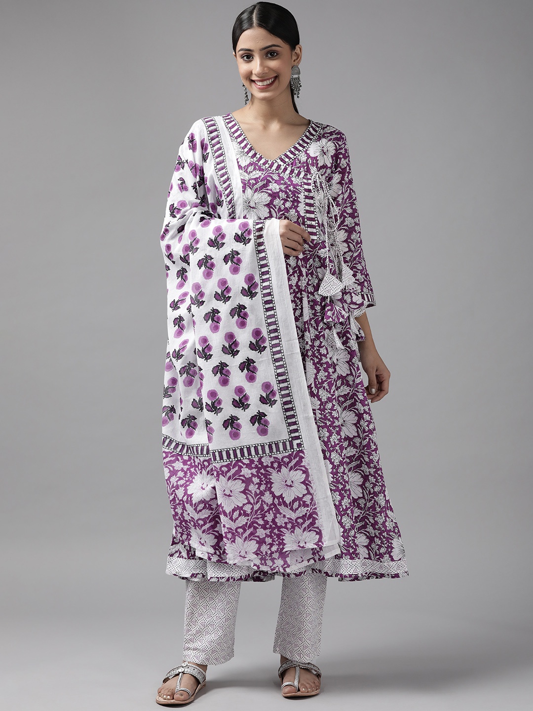 

Yufta Women Purple Floral Printed Angrakha Pure Cotton Kurta with Trousers & With Dupatta