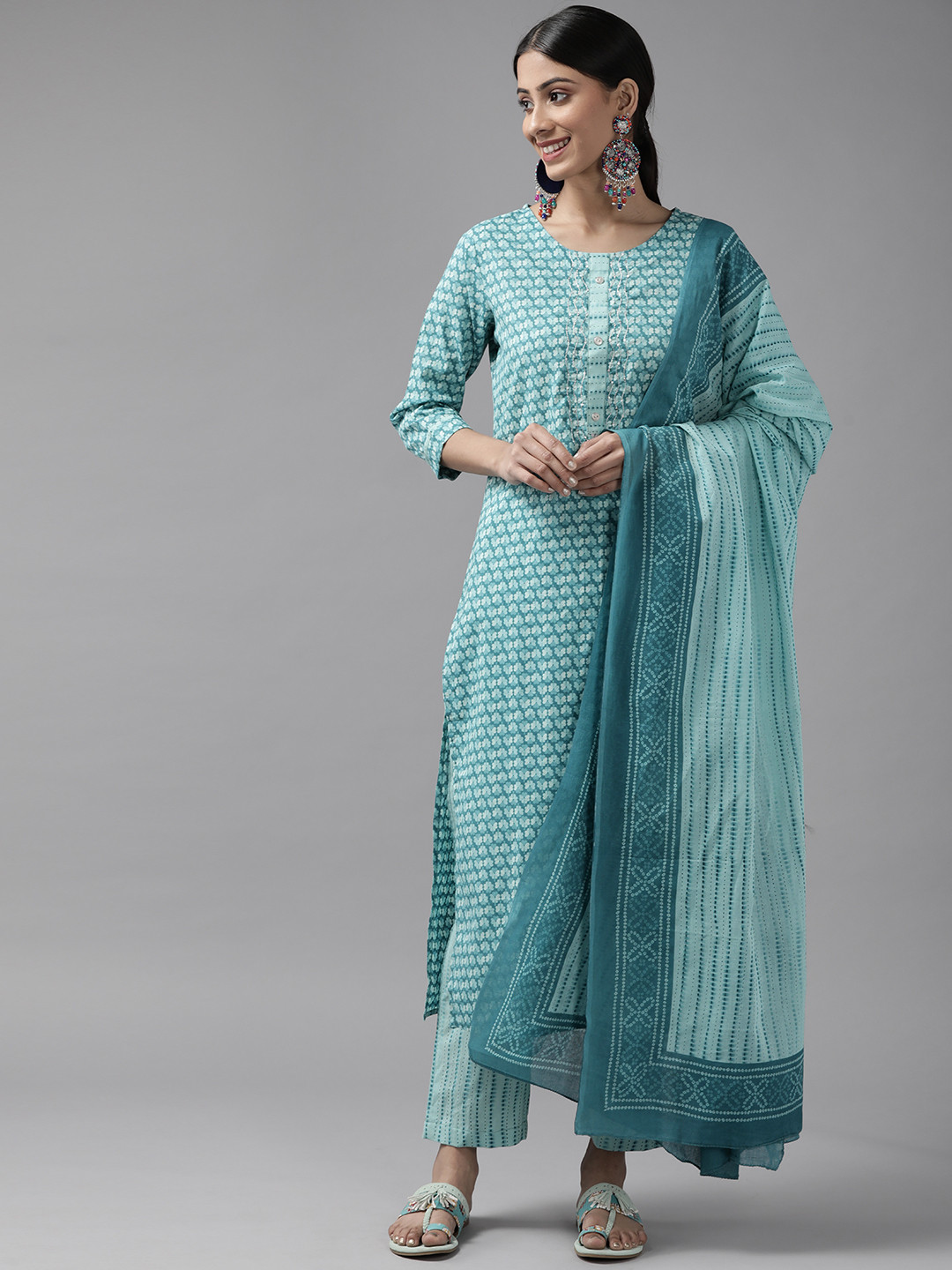 

Yufta Women Teal Blue Ethnic Motifs Printed Pure Cotton Kurta with Trousers & With Dupatta