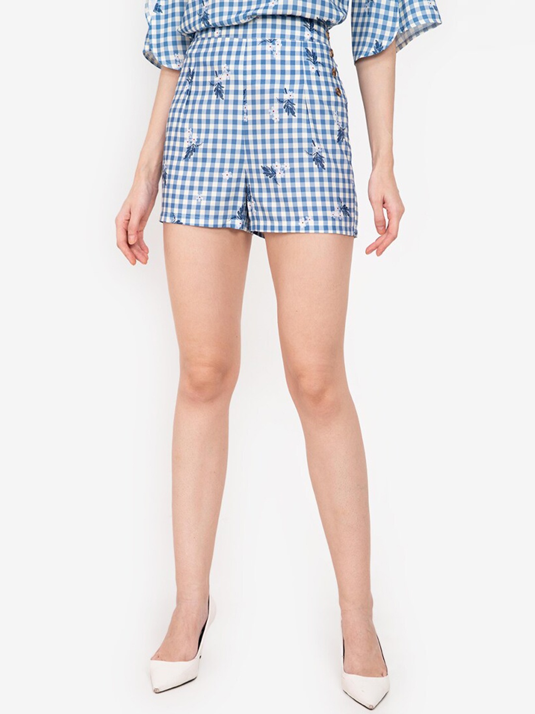 

ZALORA WORK Women Blue Checked Striped High-Rise Shorts