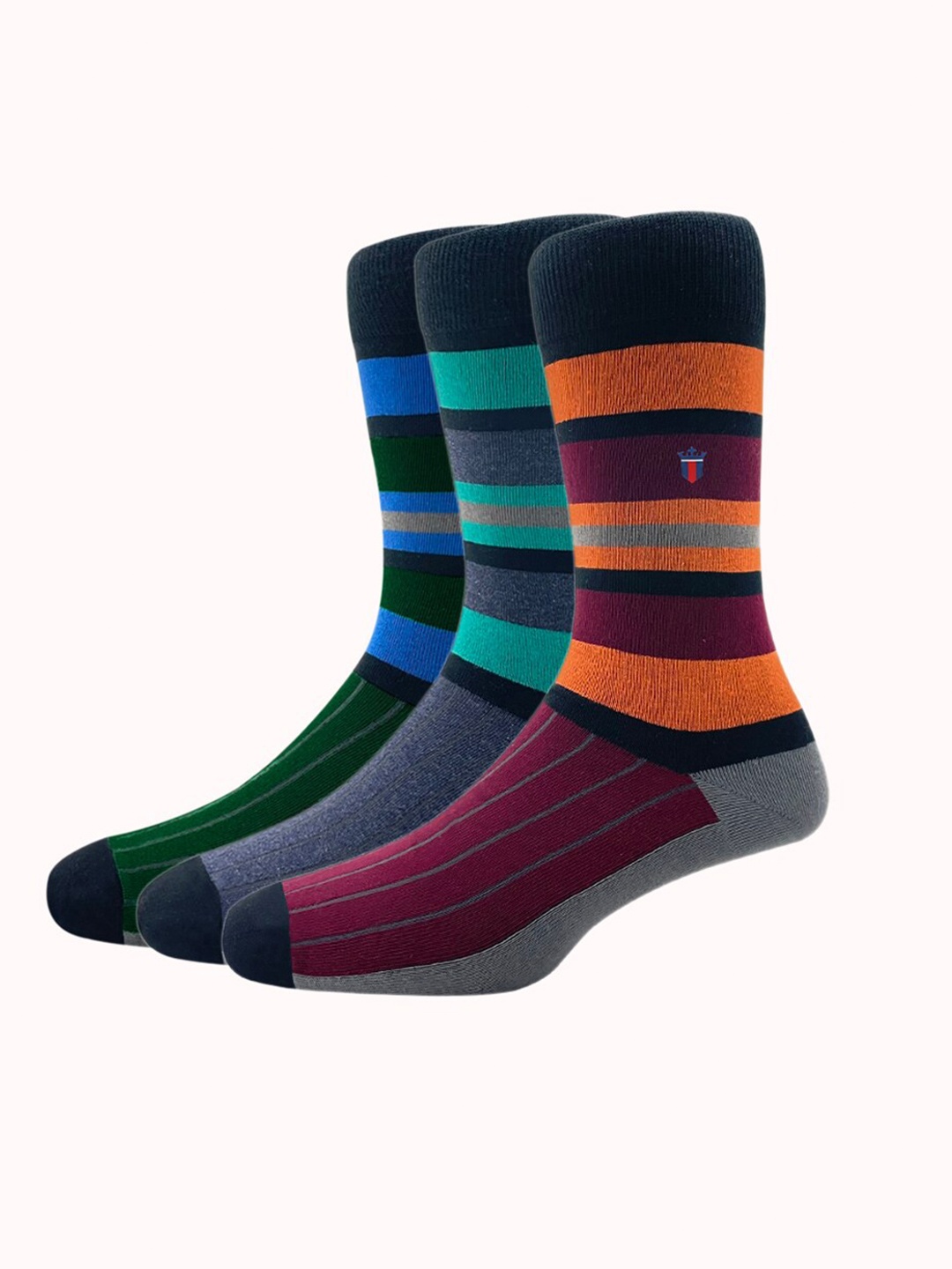

Louis Philippe Men Pack of 3 Blue & Grey Striped Cotton Calf Length Socks