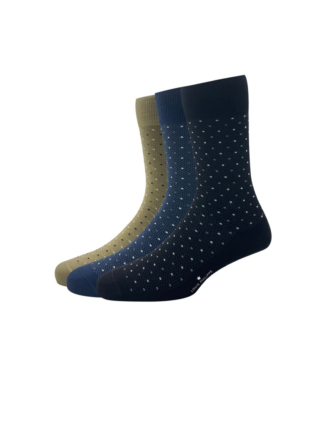 

Louis Philippe Men Pack Of 3 Black & Blue Patterned Cotton Calf Length Socks