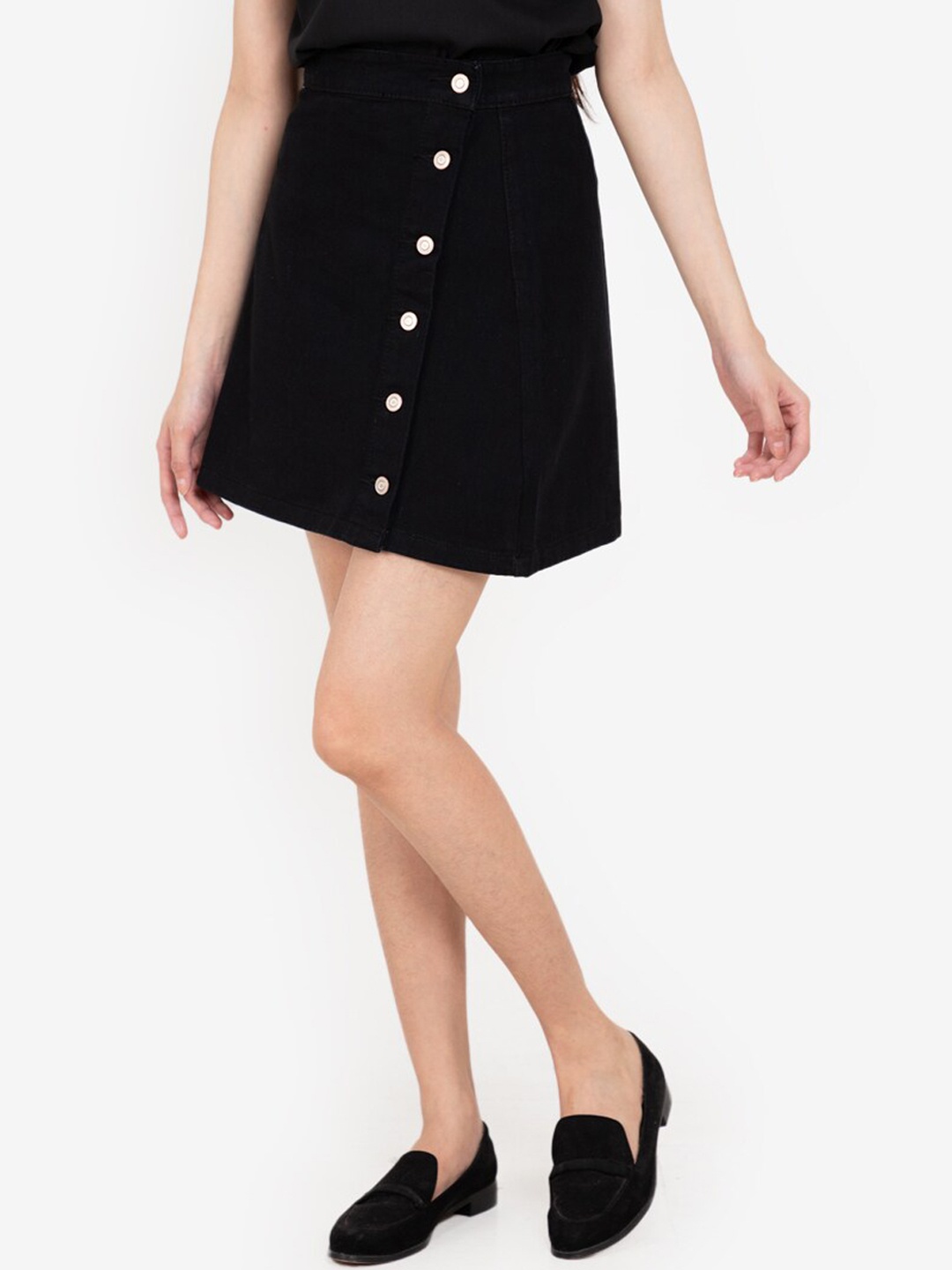 

ZALORA BASICS Black Side Button A-Line Denim Skirt