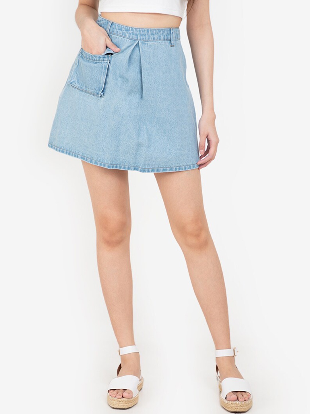 

ZALORA BASICS Blue Box Pleat Denim Cargo Skirt