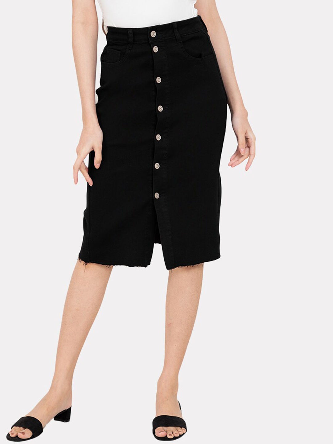 

ZALORA BASICS Black Button Front Midi Denim Skirt